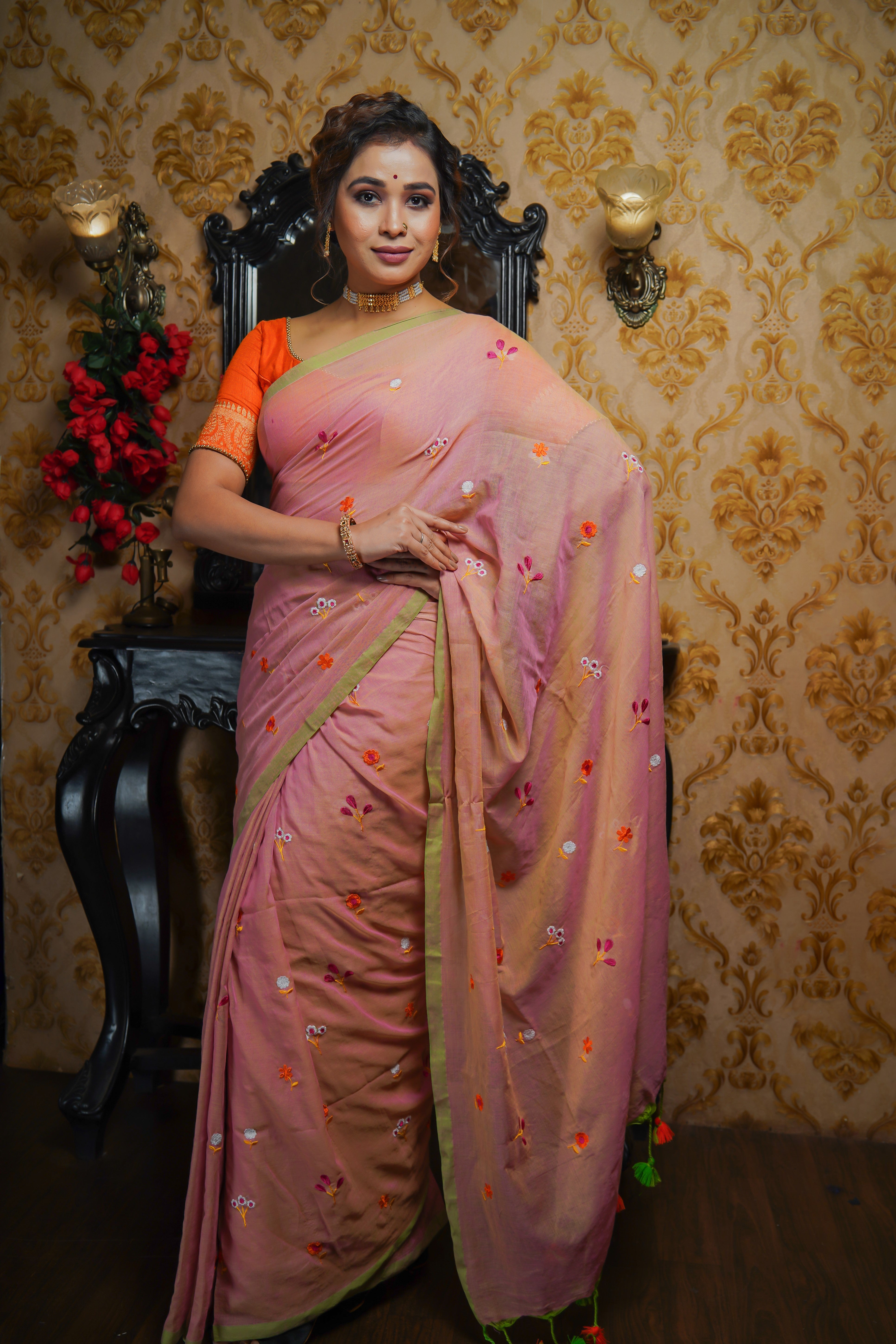 BABY PINK EMBROIDERED MULMUL COTTON SAREE