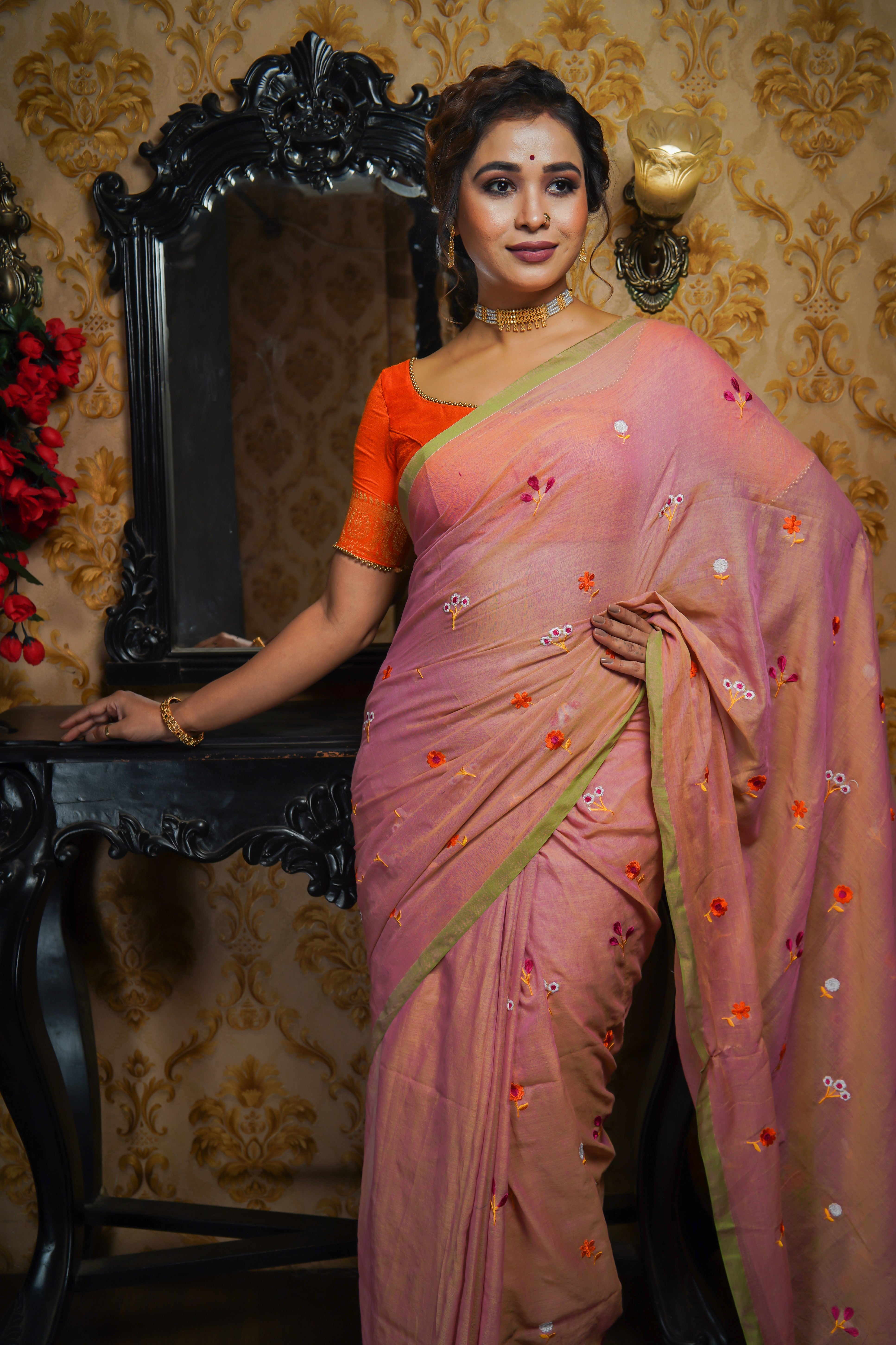 BABY PINK EMBROIDERED MULMUL COTTON SAREE