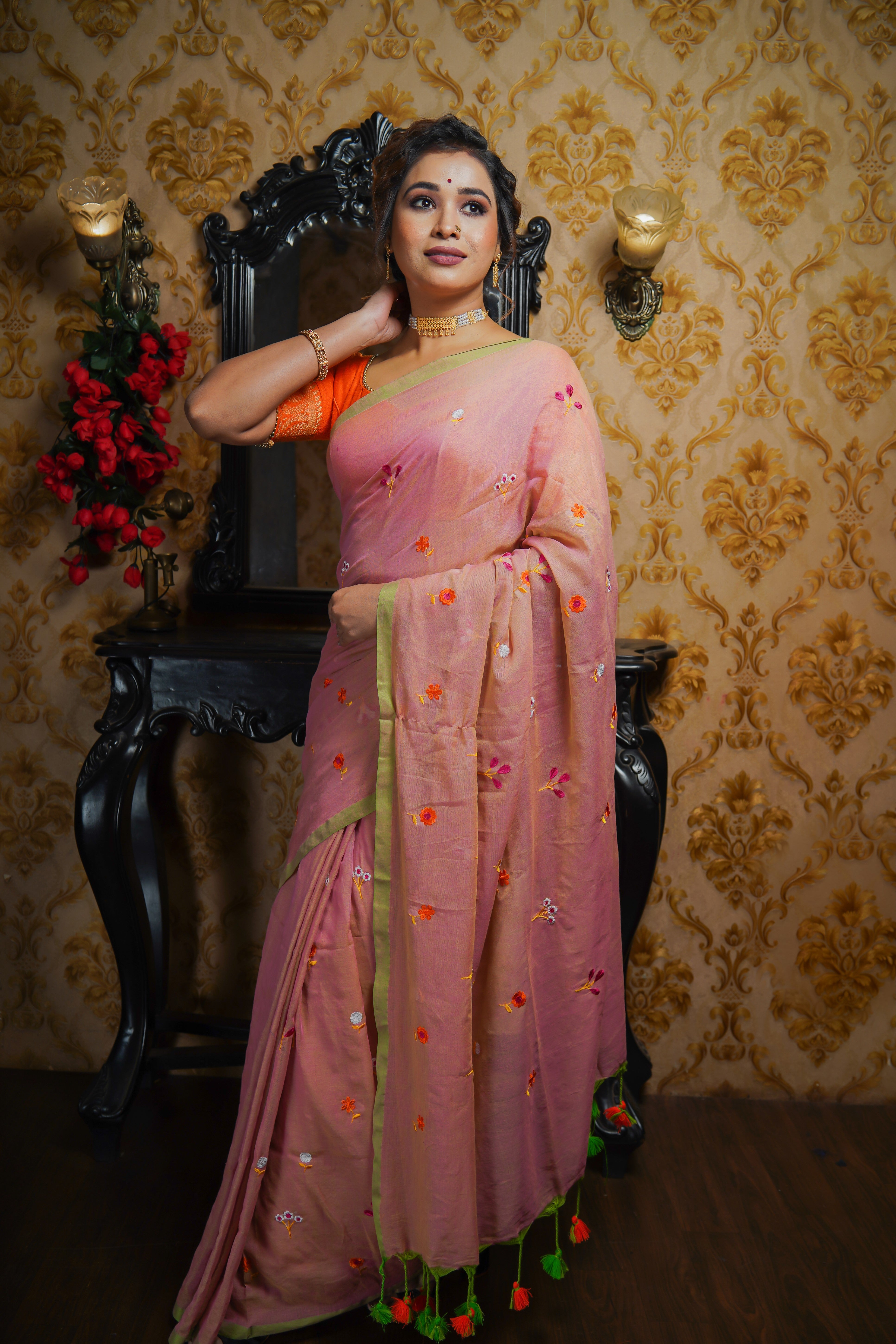 BABY PINK EMBROIDERED MULMUL COTTON SAREE