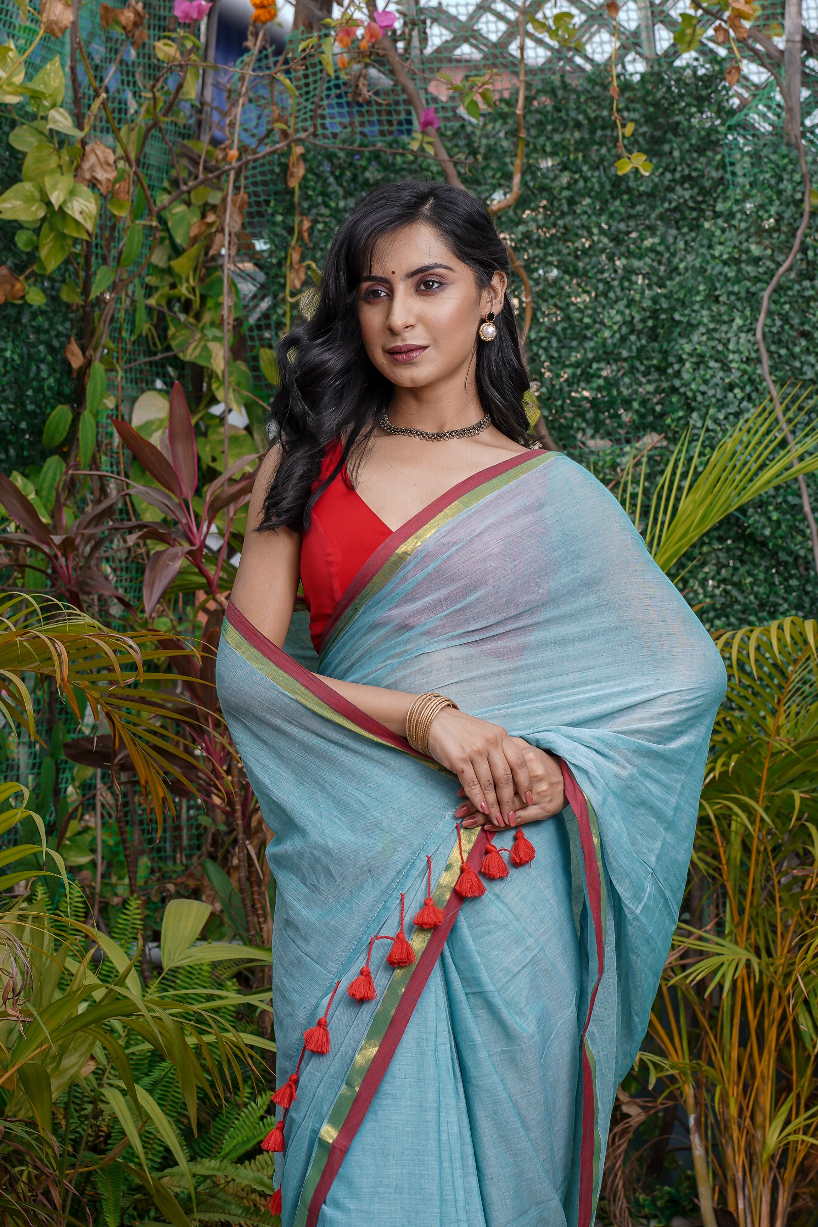 Baby Blue Mul Cotton Saree with Red Golden Border