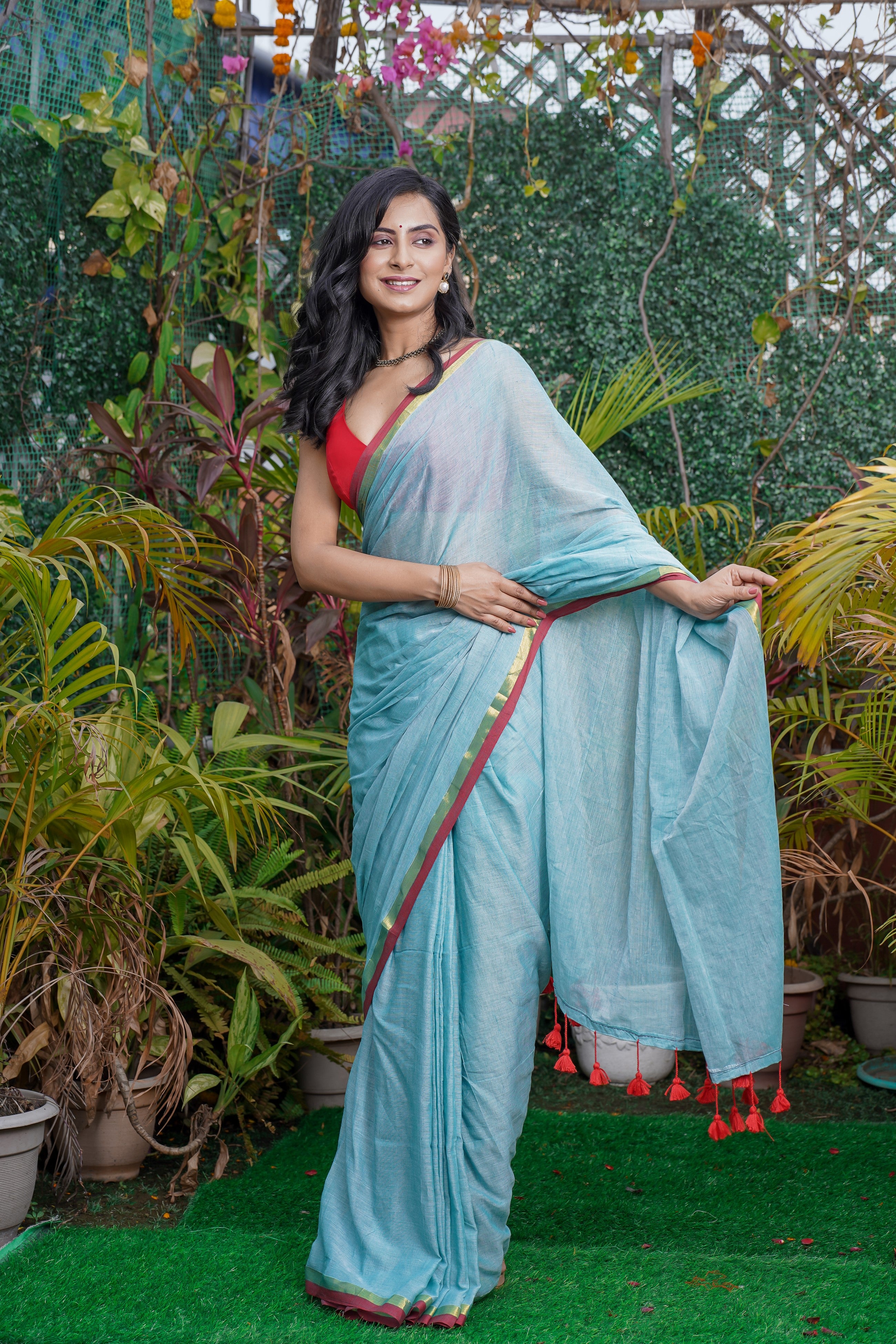 Baby Blue Mul Cotton Saree with Red Golden Border