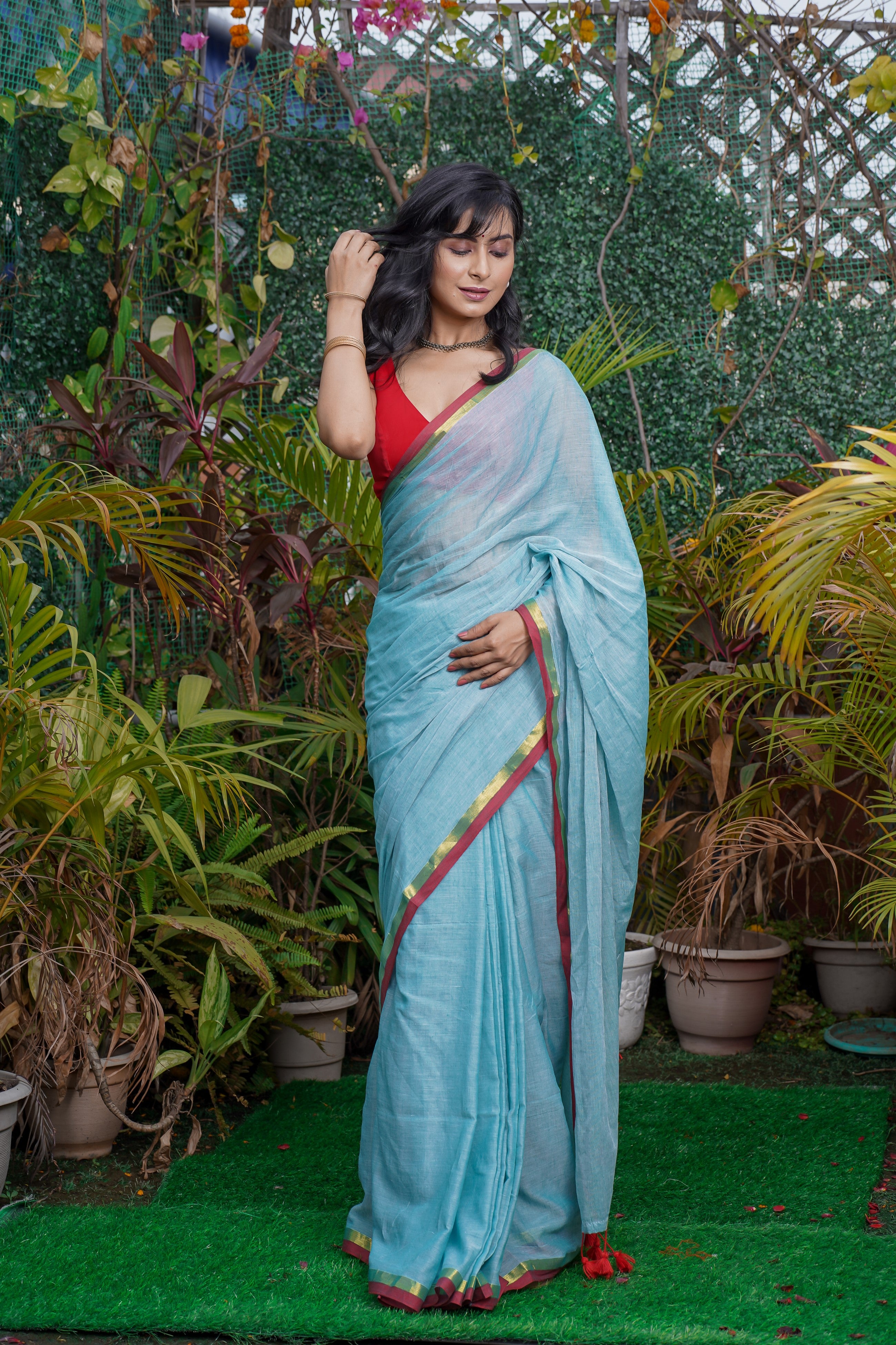 Baby Blue Mul Cotton Saree with Red Golden Border