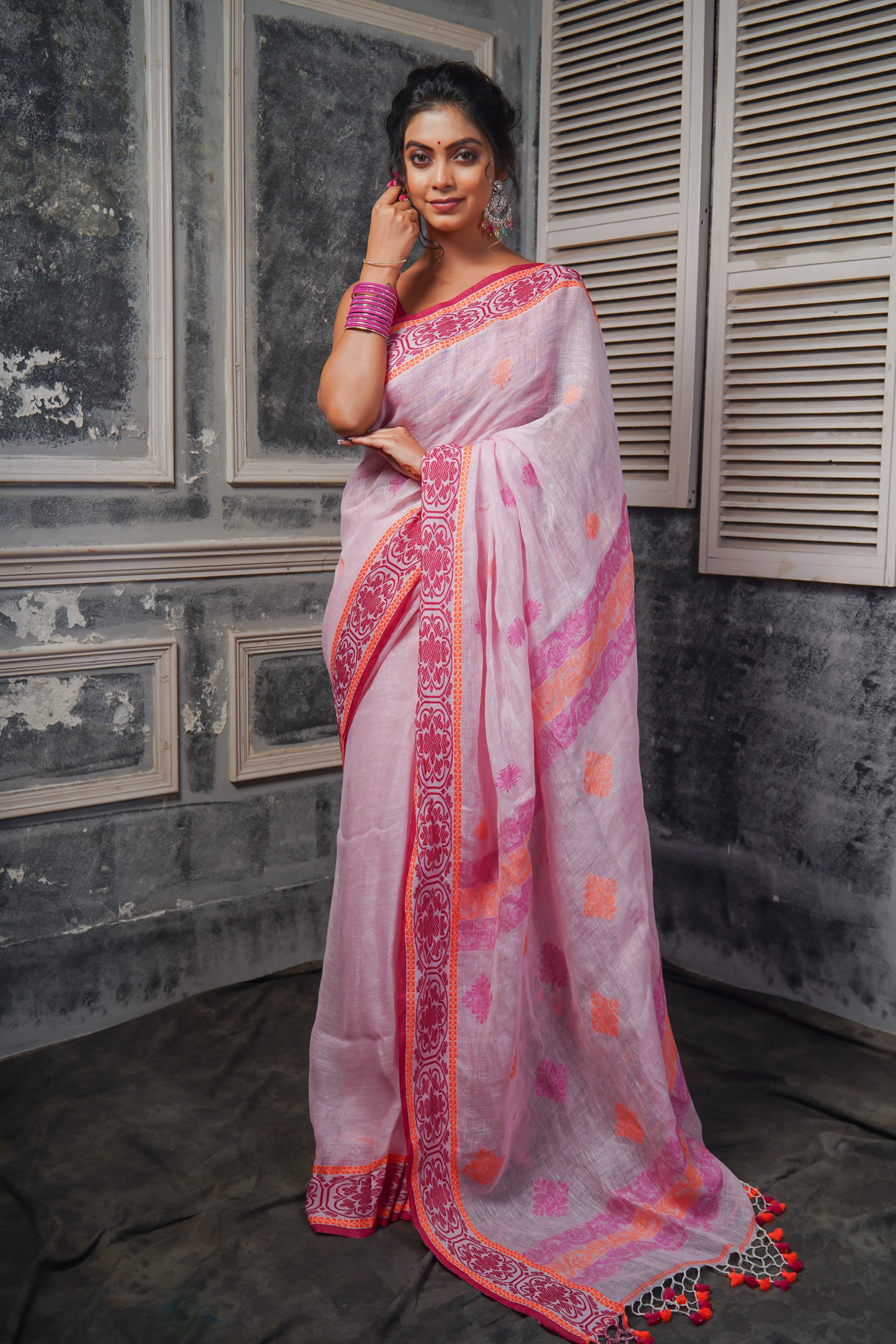 Baby Pink & Rani Linen Hand Woven Jamdani Saree