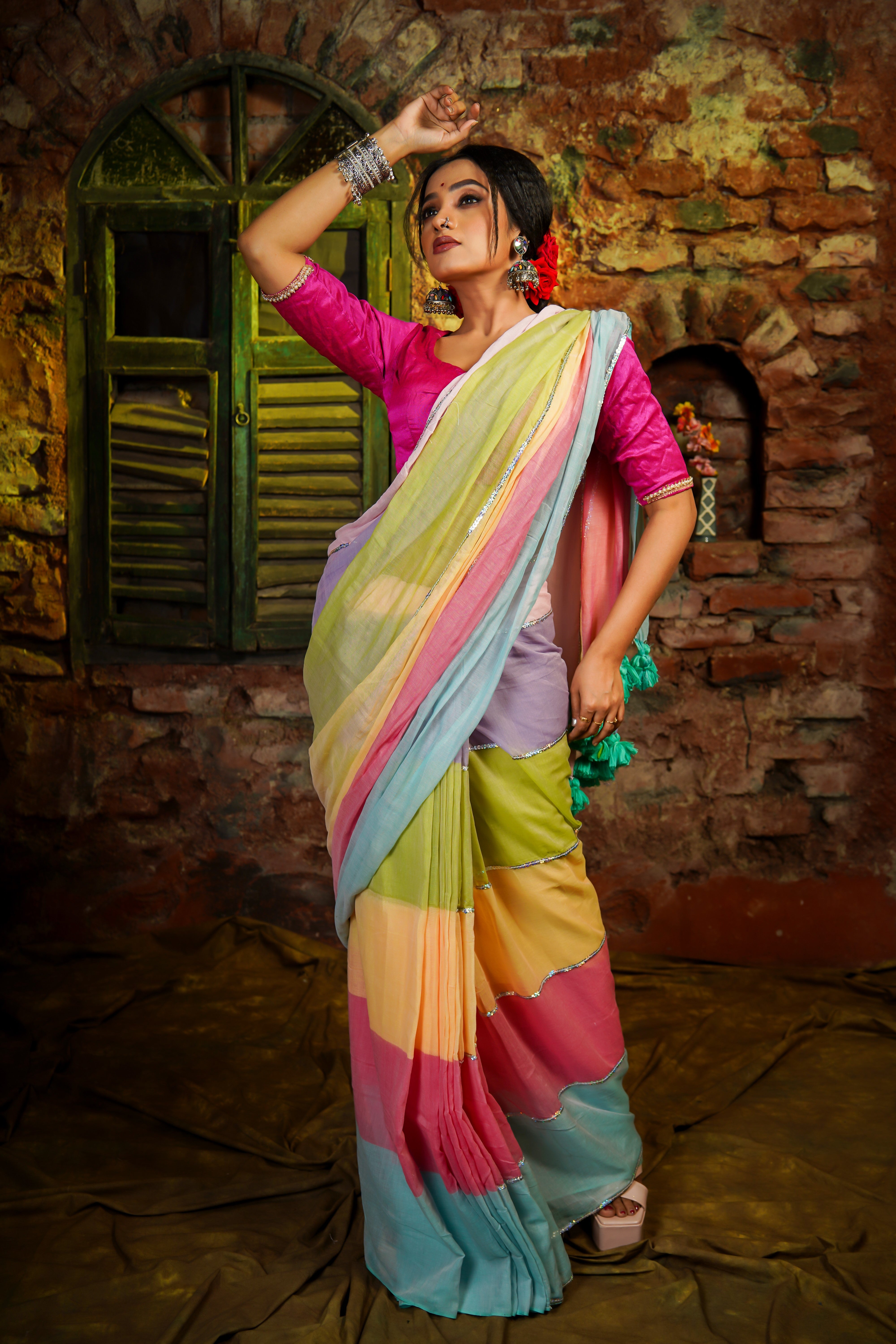 Baby Pink Multi Rainbow Sequence Work Pure Mul Cotton Saree