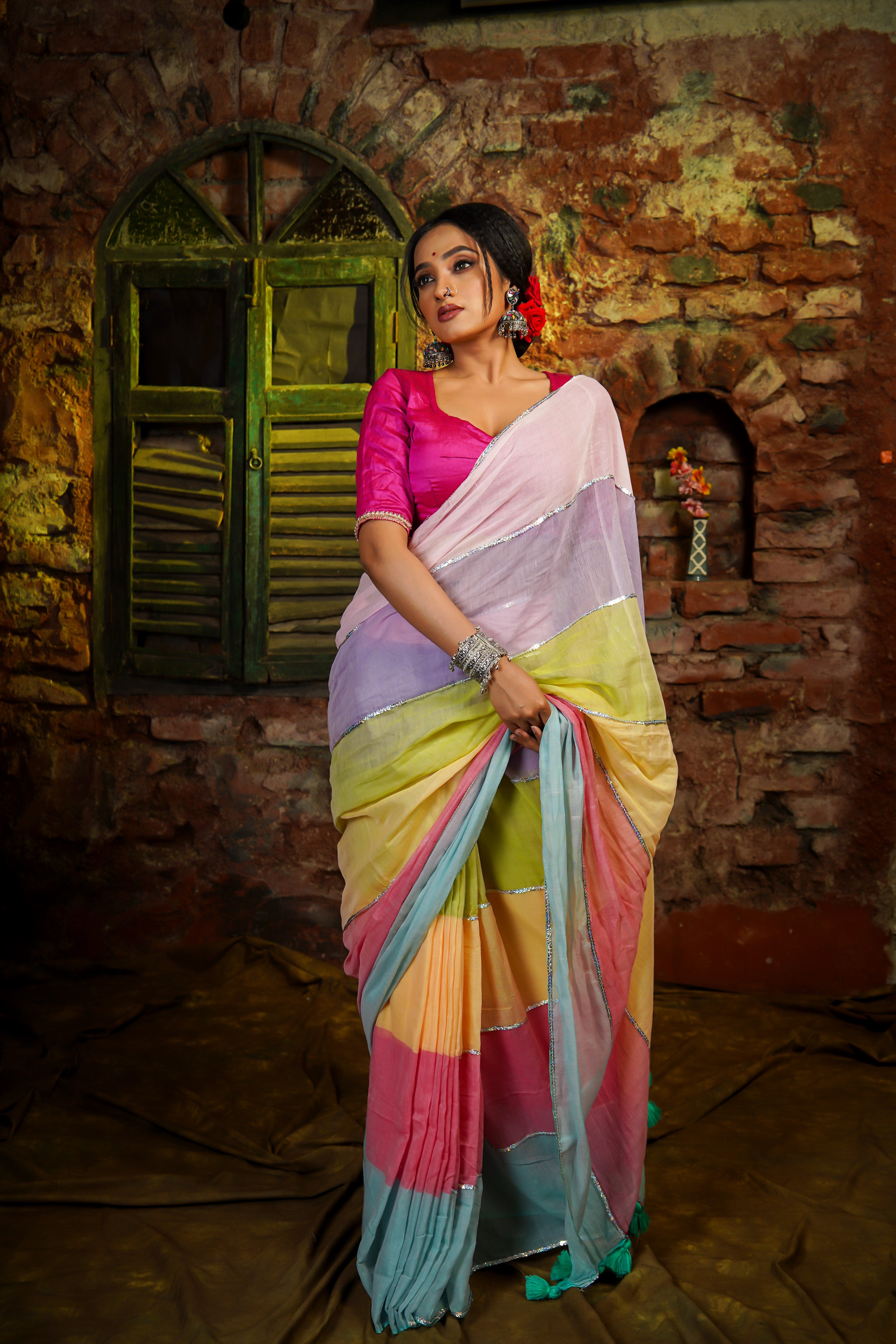 Baby Pink Multi Rainbow Sequence Work Pure Mul Cotton Saree