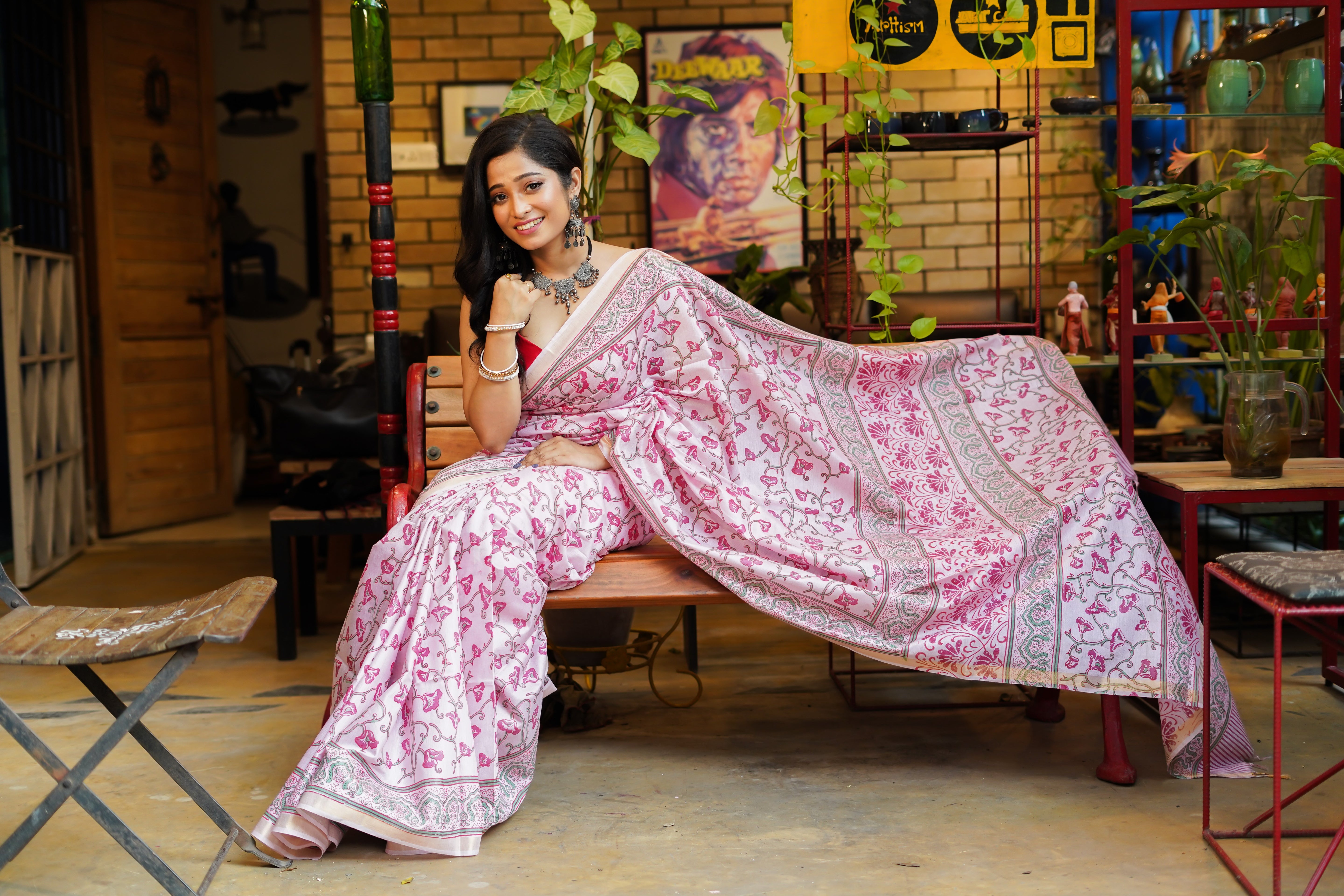 Baby pink  hand block pure Maheswari silk saree