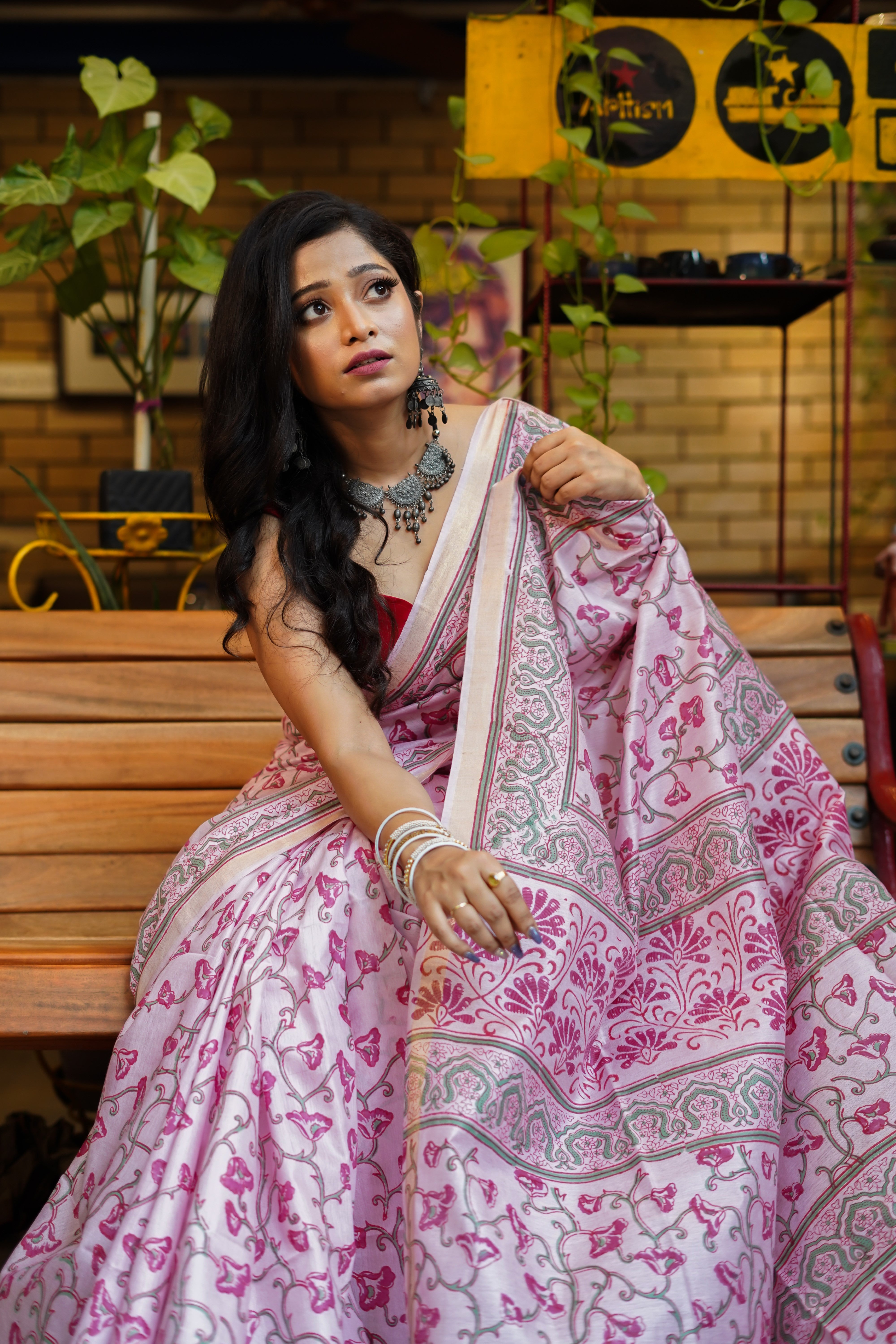 Baby pink  hand block pure Maheswari silk saree