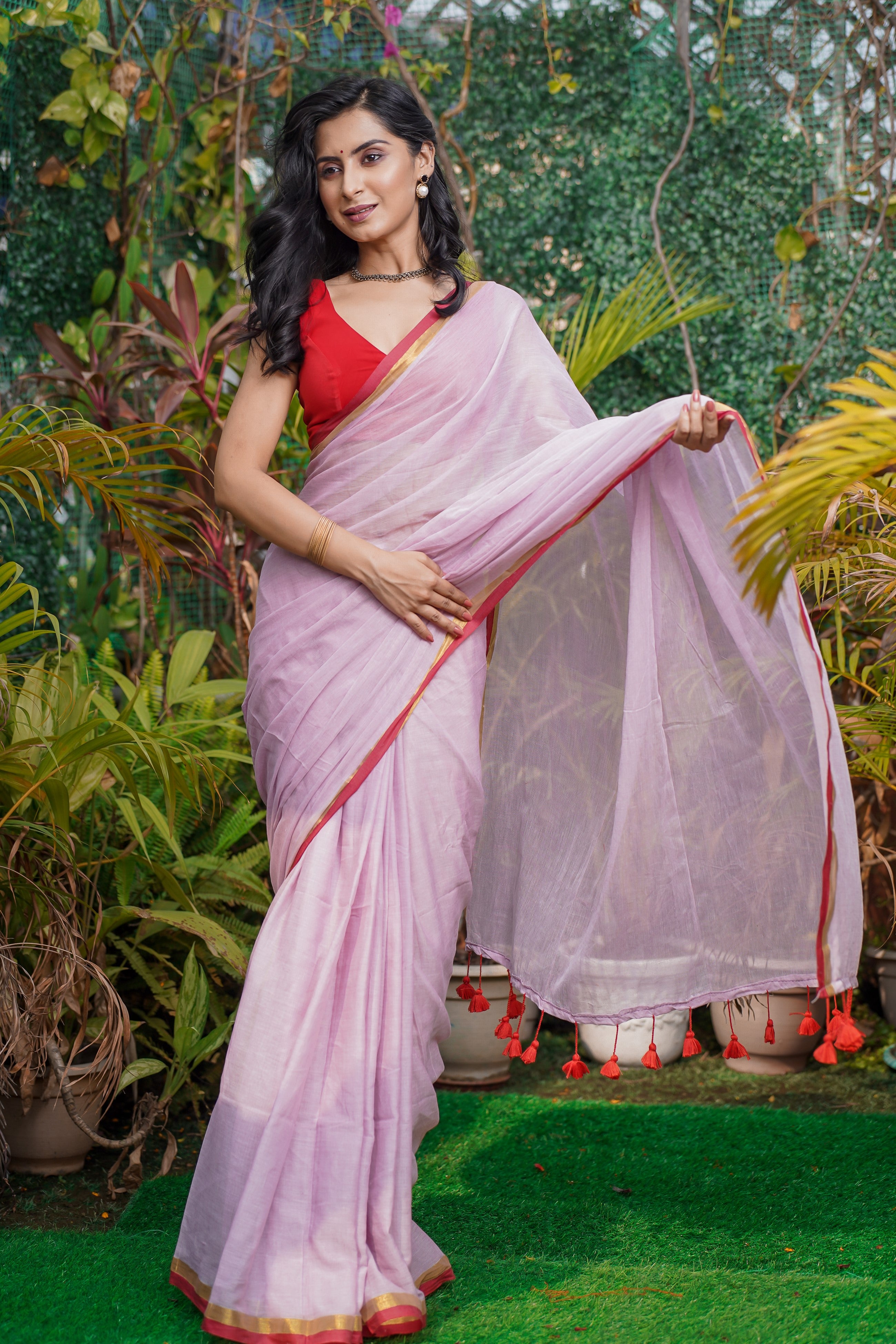 Baby Pink Mul Cotton Saree with Red Golden Border