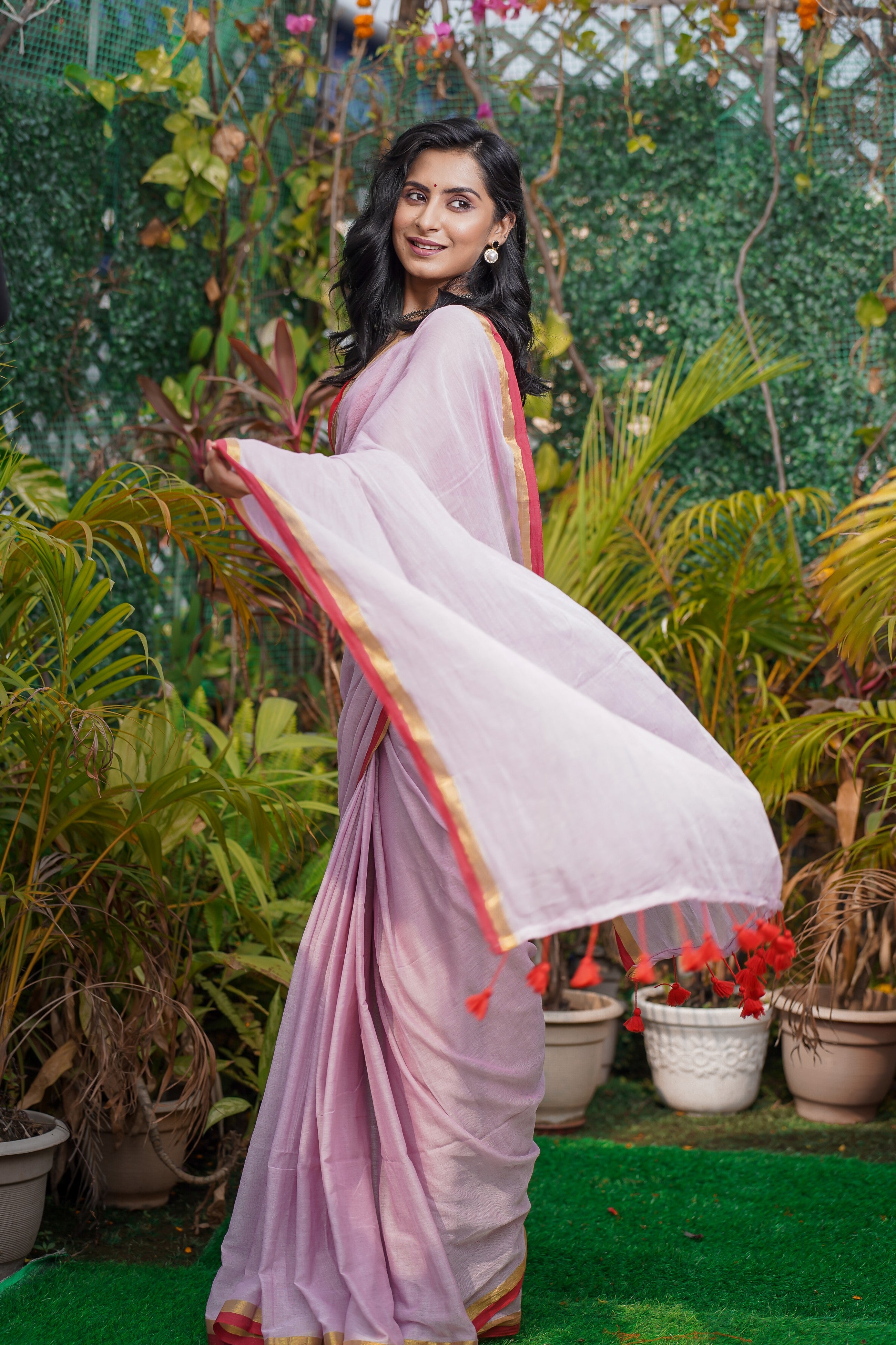 Baby Pink Mul Cotton Saree with Red Golden Border