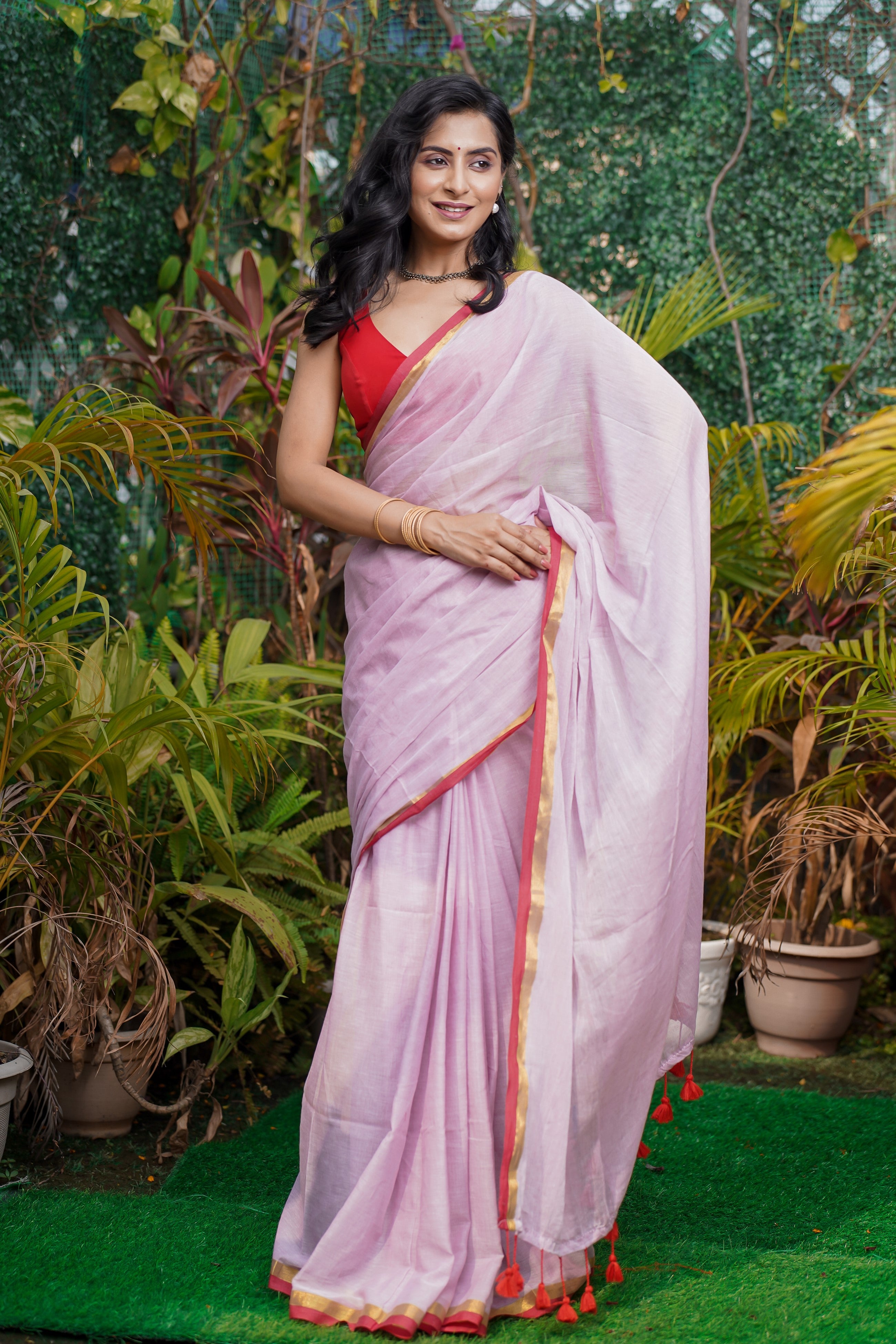 Baby Pink Mul Cotton Saree with Red Golden Border