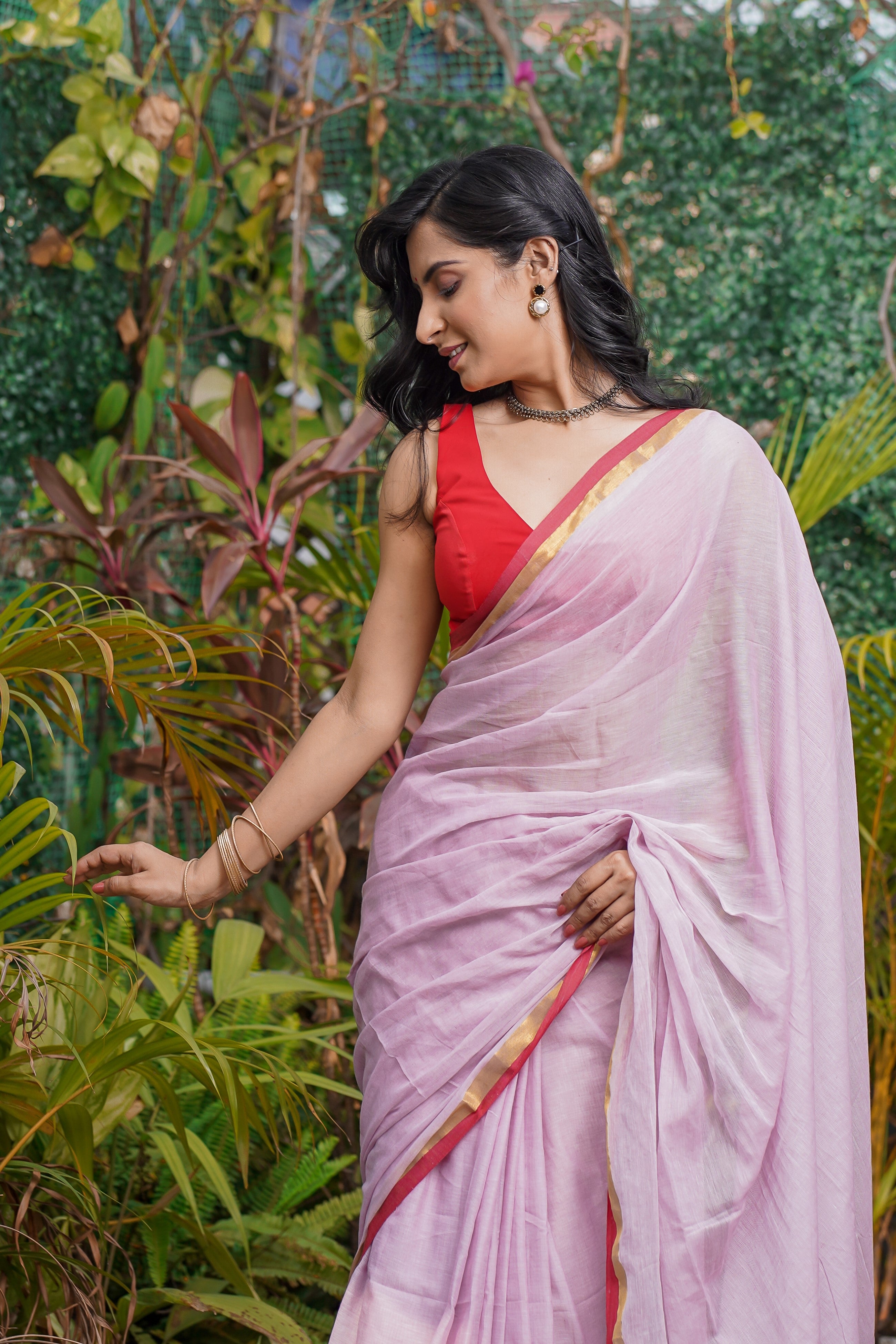 Baby Pink Mul Cotton Saree with Red Golden Border