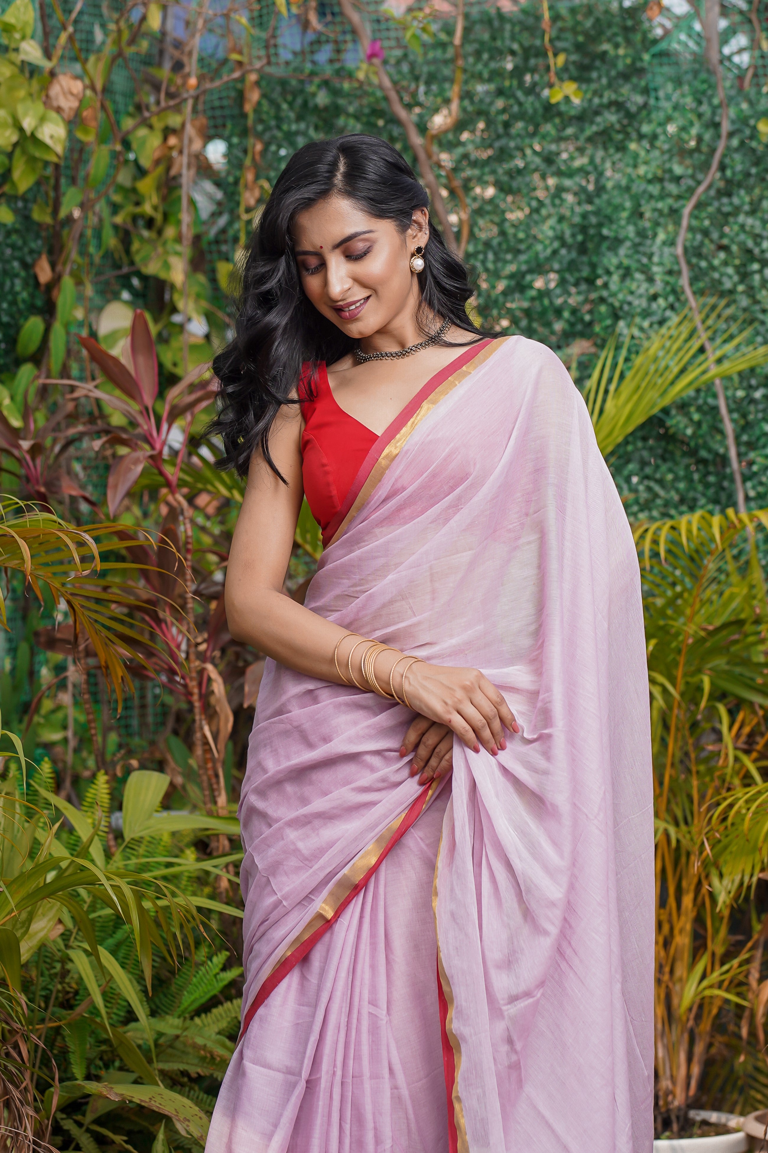 Baby Pink Mul Cotton Saree with Red Golden Border