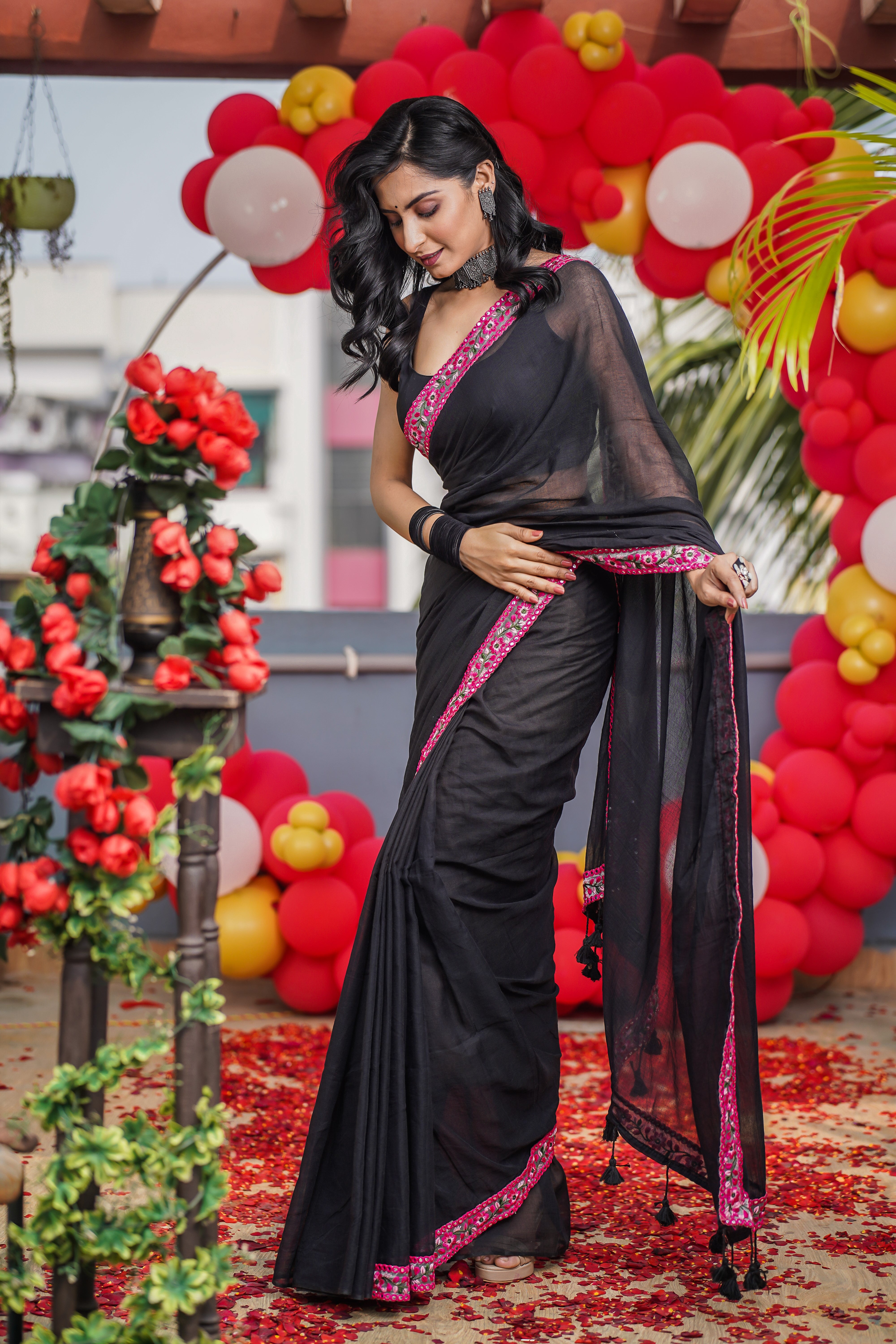 Black Mulmul Cotton Saree