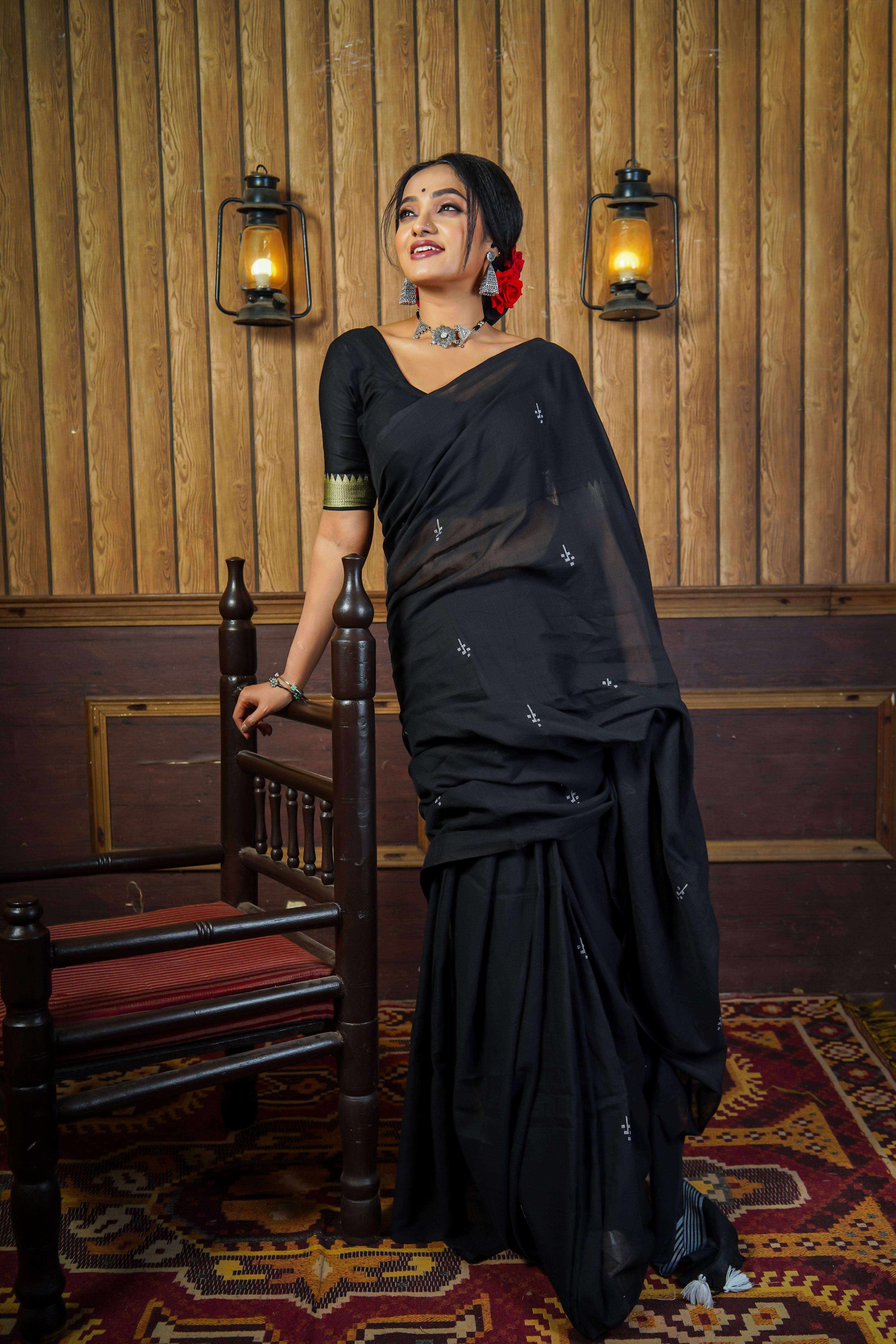 Black Premium Mulmul Cotton Hand Weaving Saree