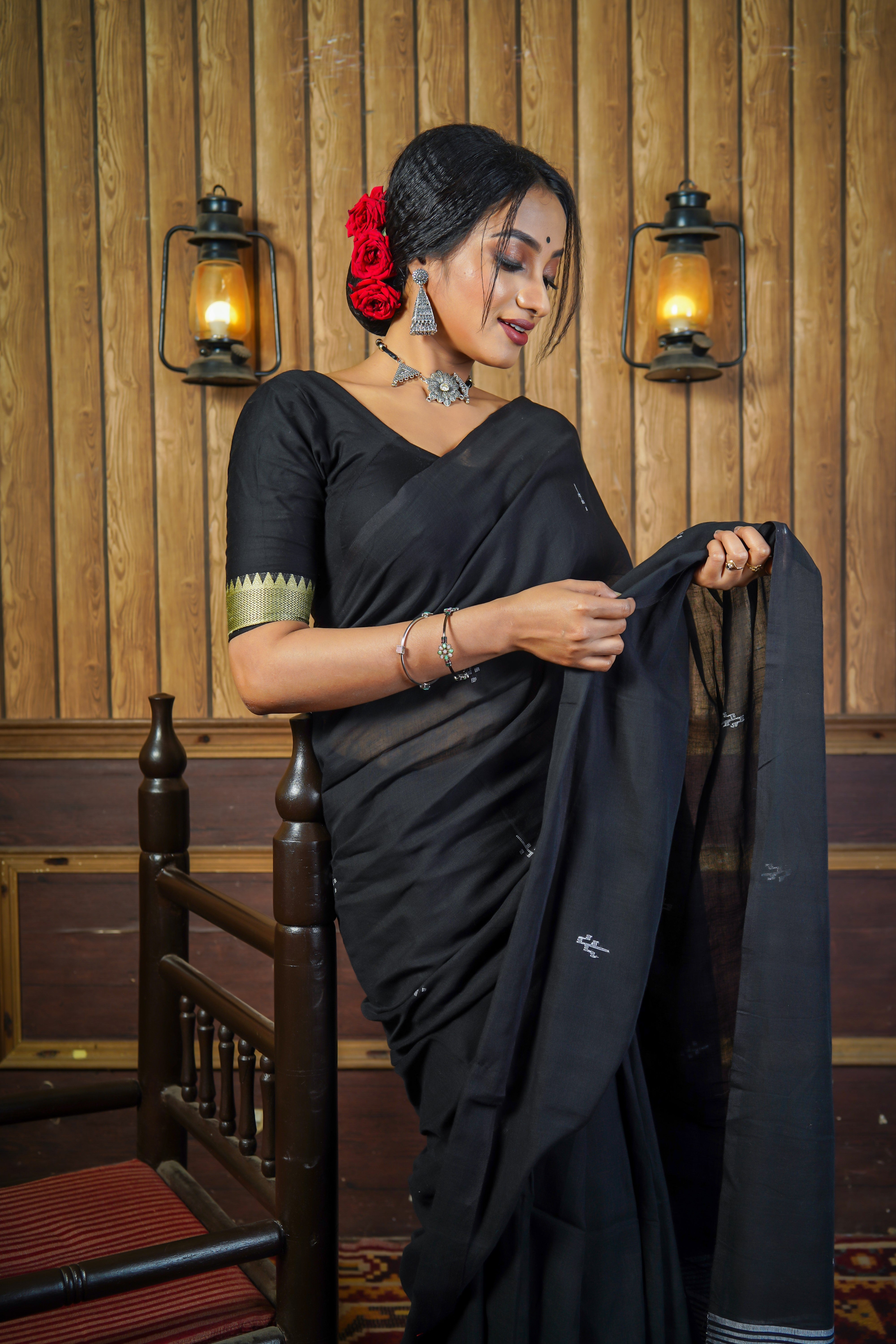 Black Premium Mulmul Cotton Hand Weaving Saree