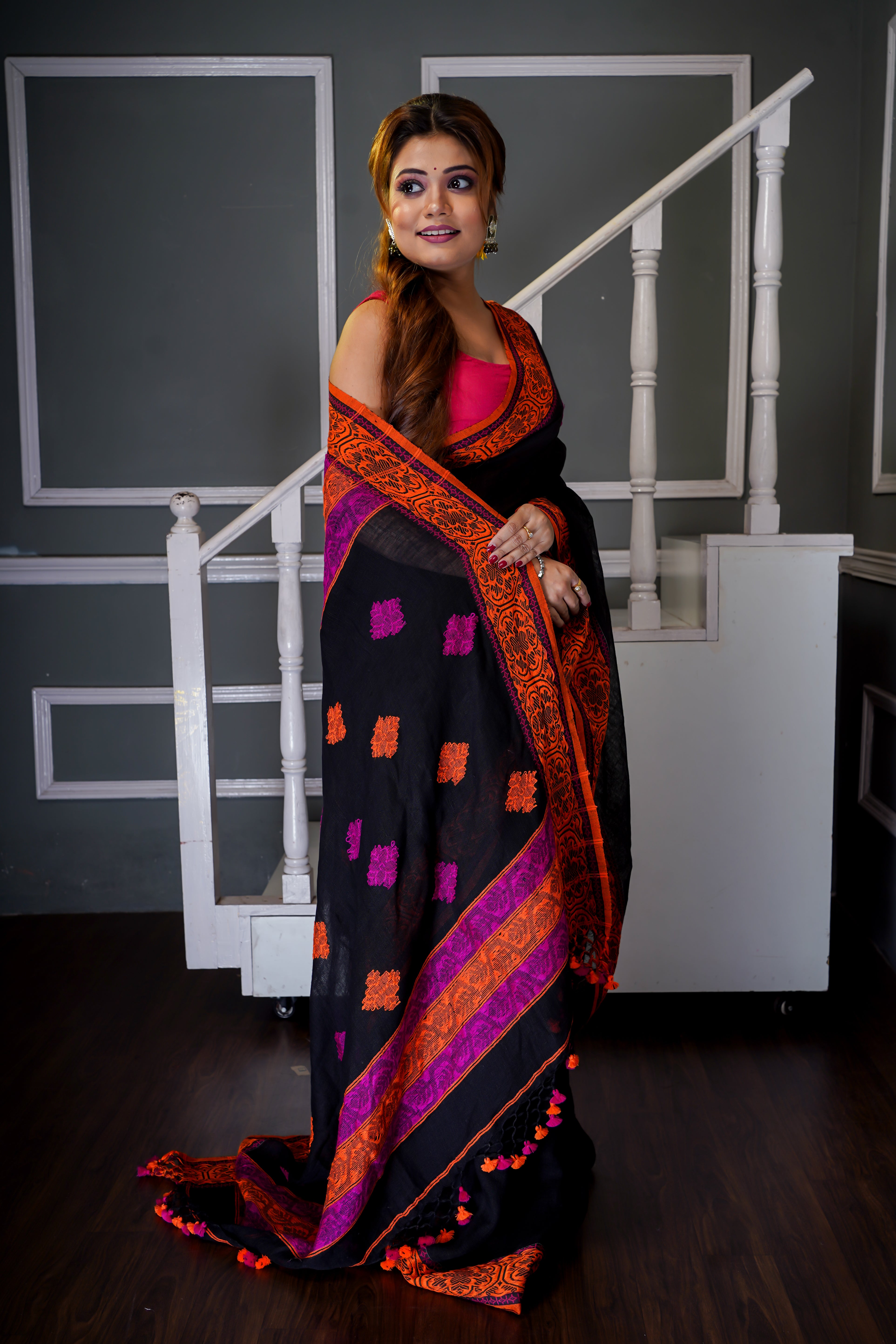 Black &  Orange linen hand woven jamdani saree