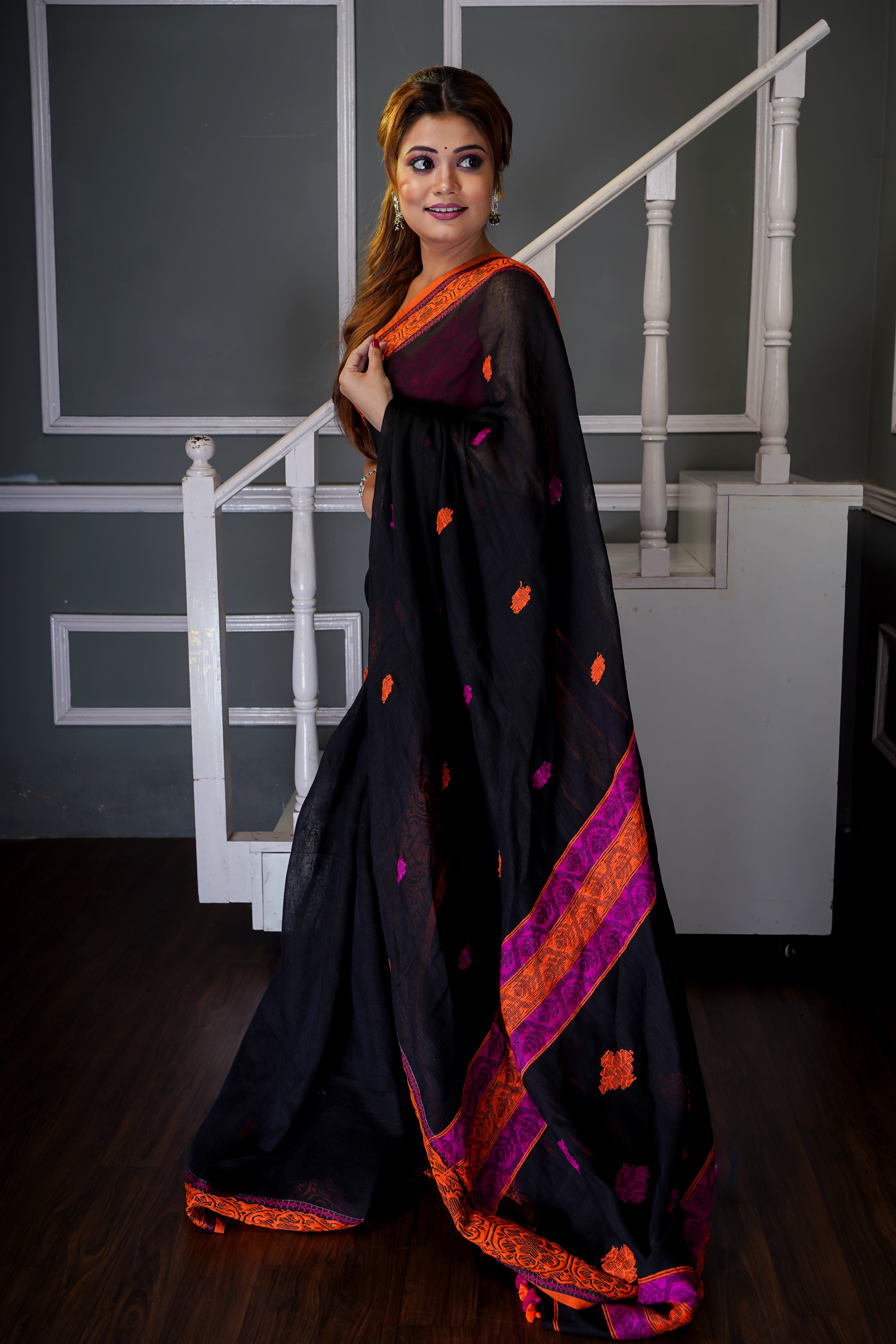 Black &  Orange linen hand woven jamdani saree