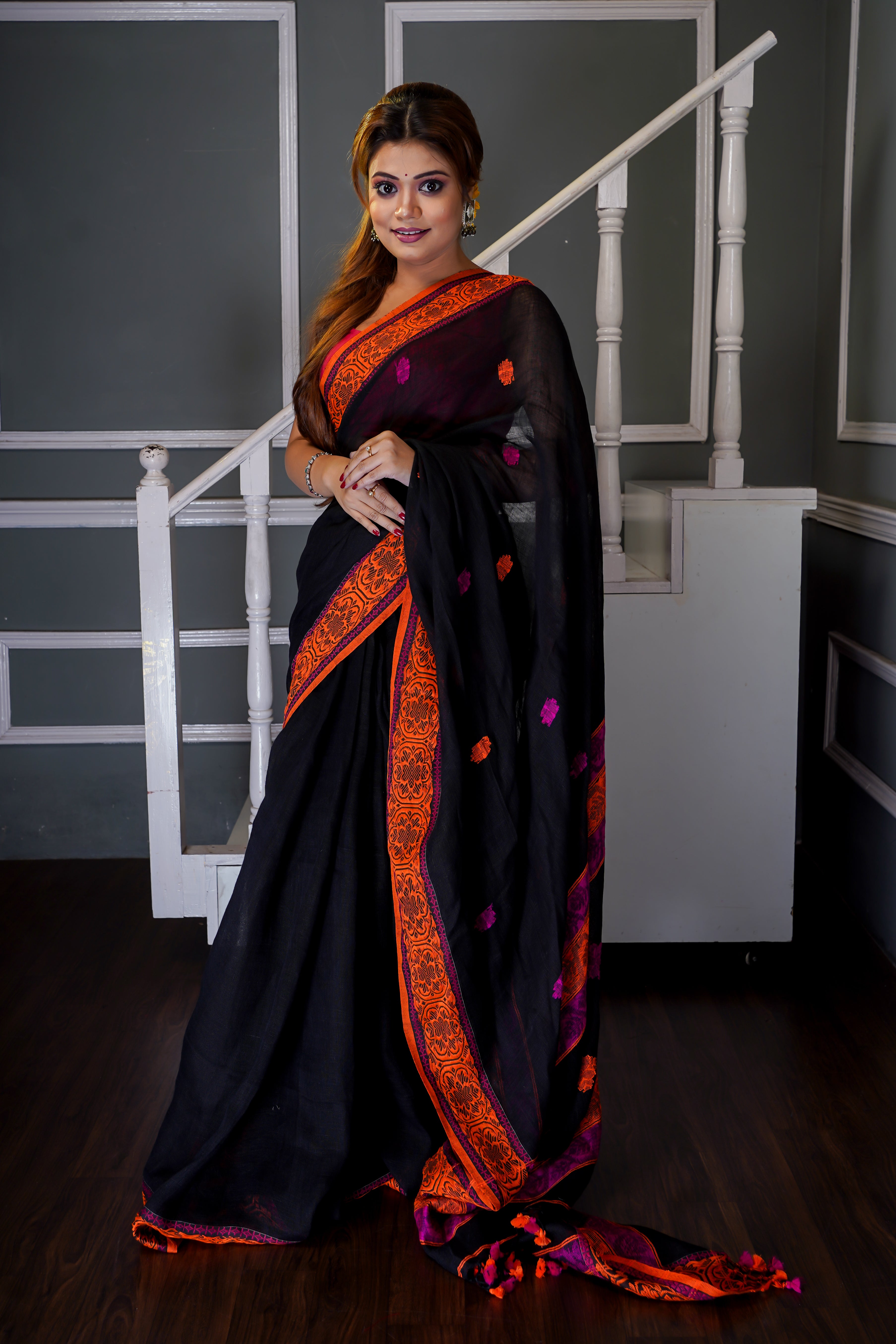 Black &  Orange linen hand woven jamdani saree