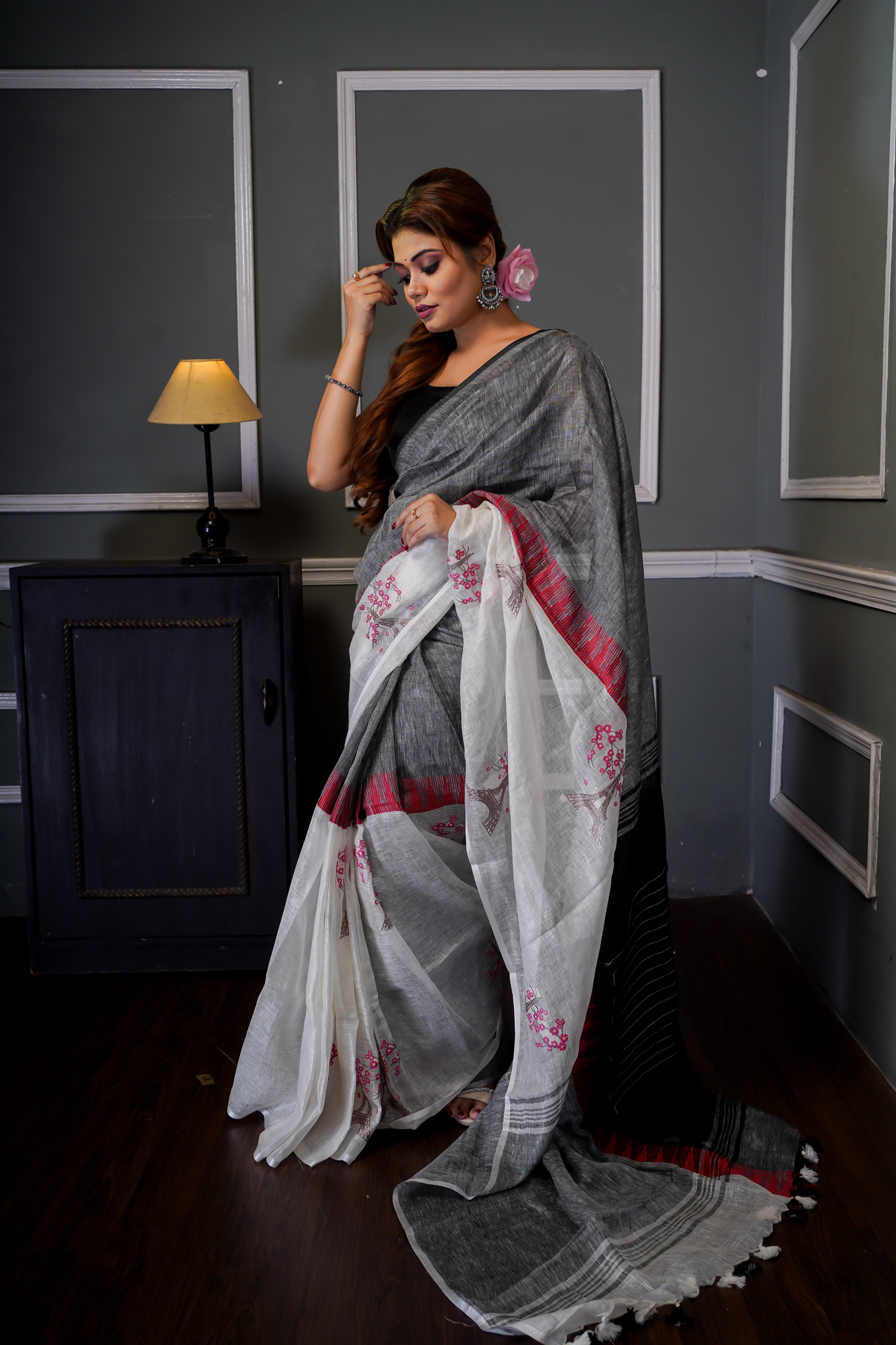 Black & White pure linen floral hand embroidered saree