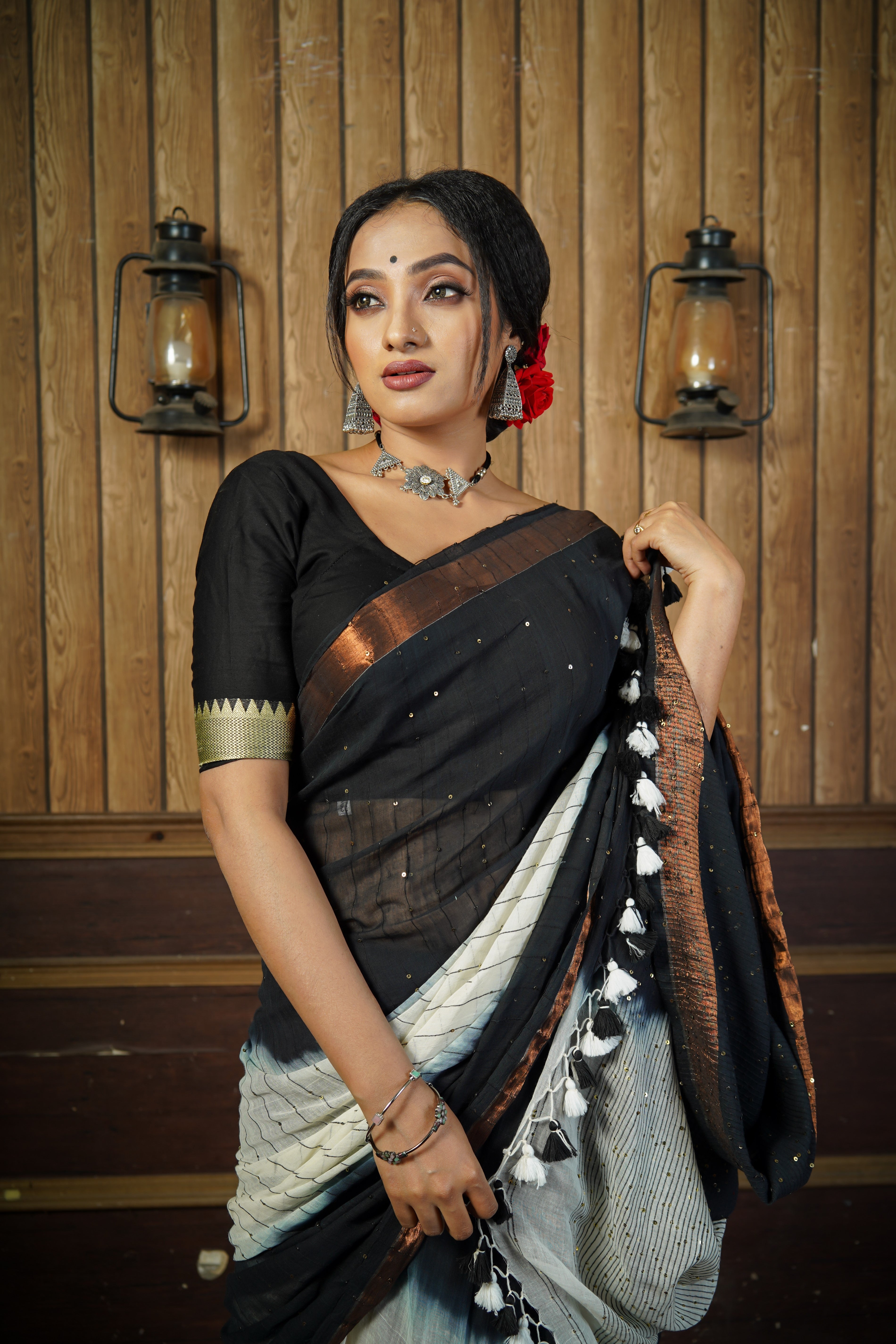 Black & White Rang Bahari Sequence Work Pure Mul Cotton Saree