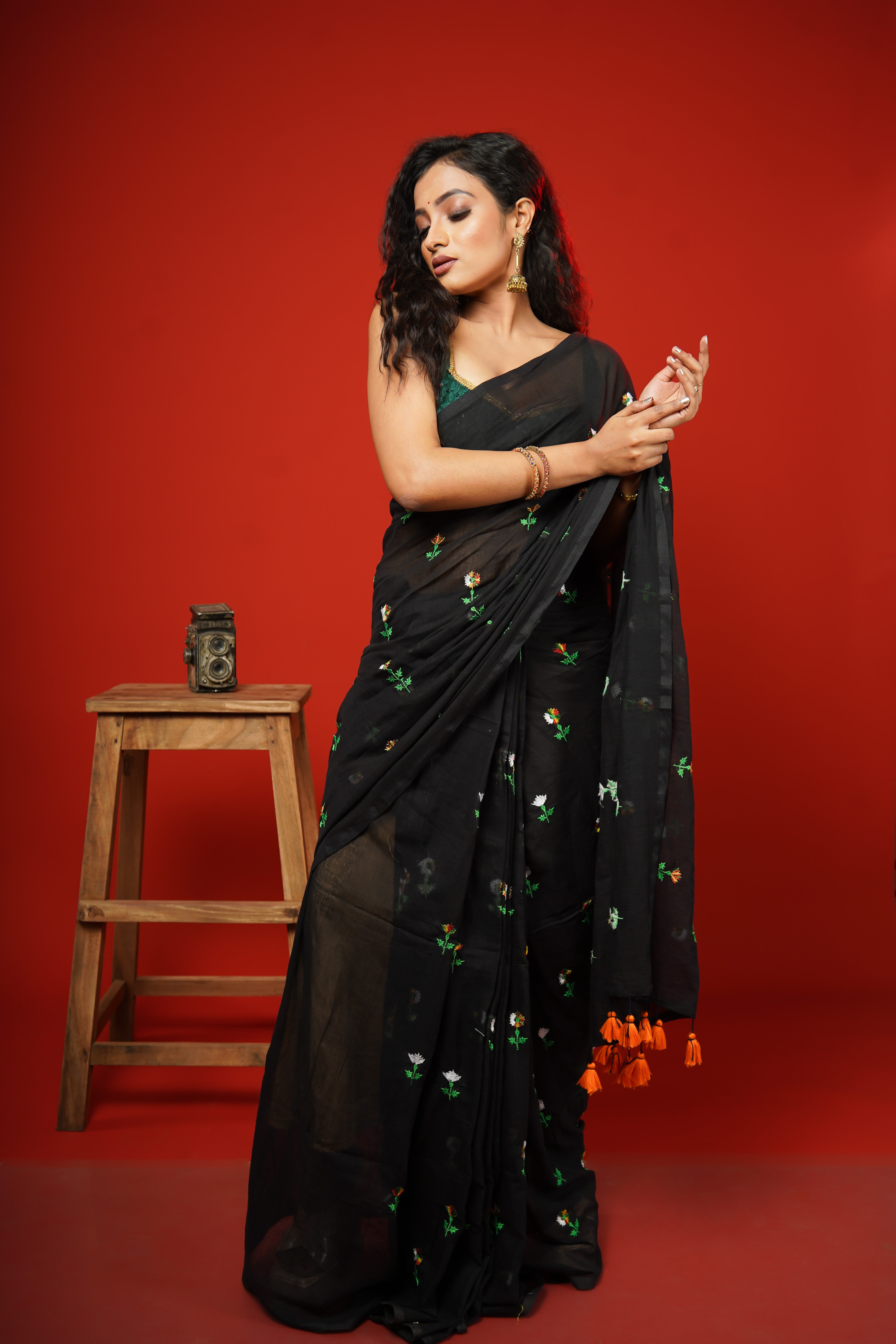 Black Embroidered Pure Mul Cotton Saree