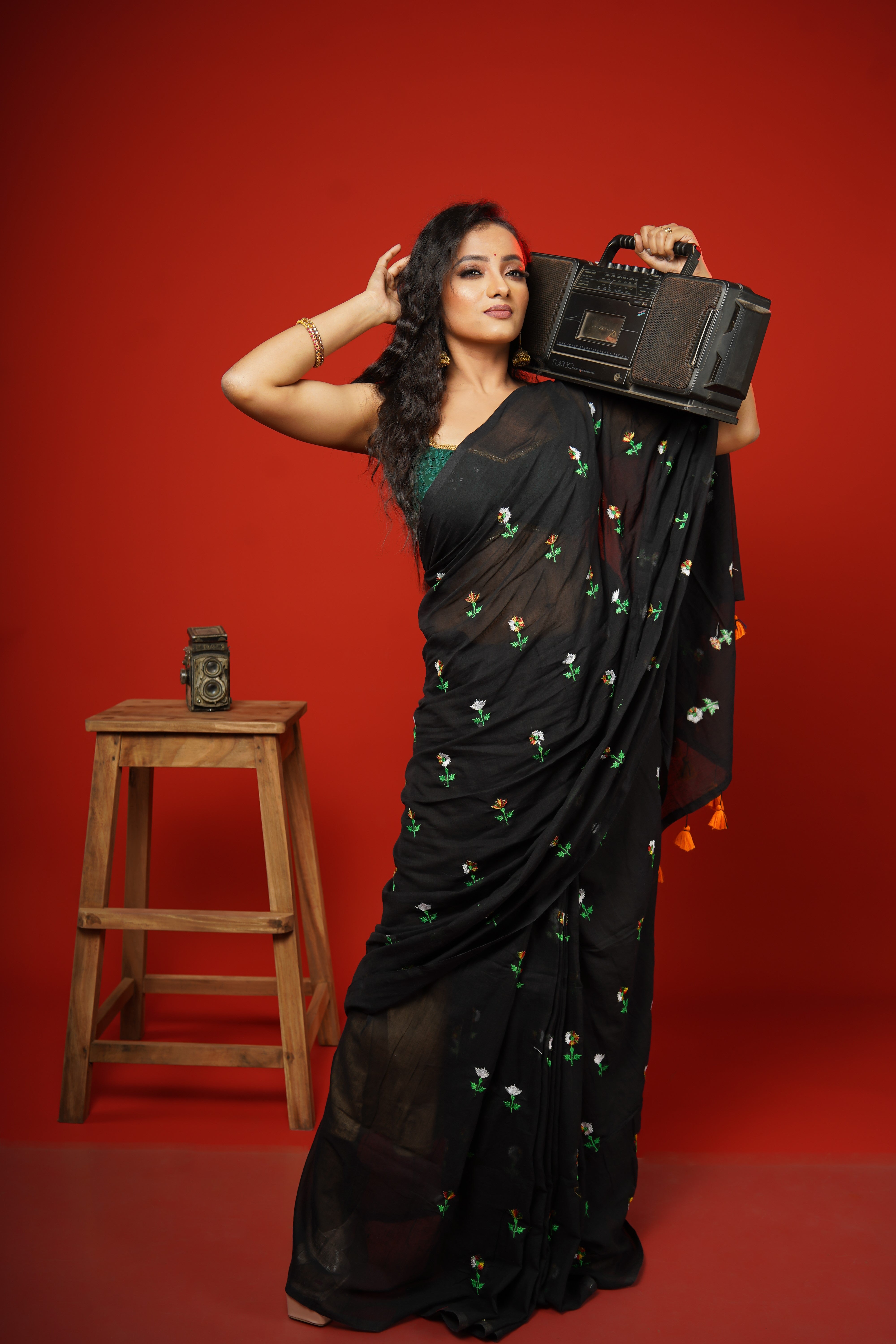 Black Embroidered Pure Mul Cotton Saree