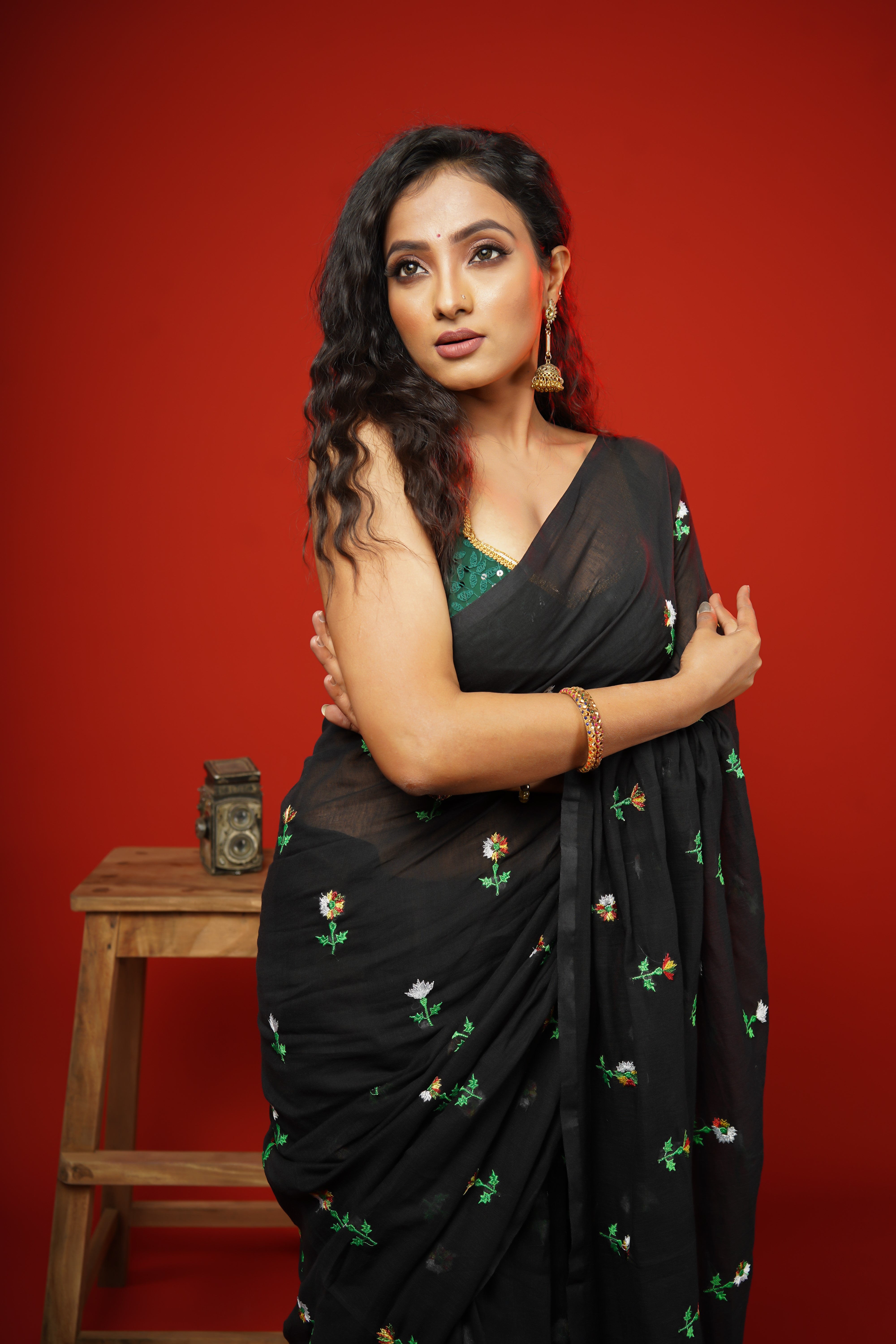 Black Embroidered Pure Mul Cotton Saree