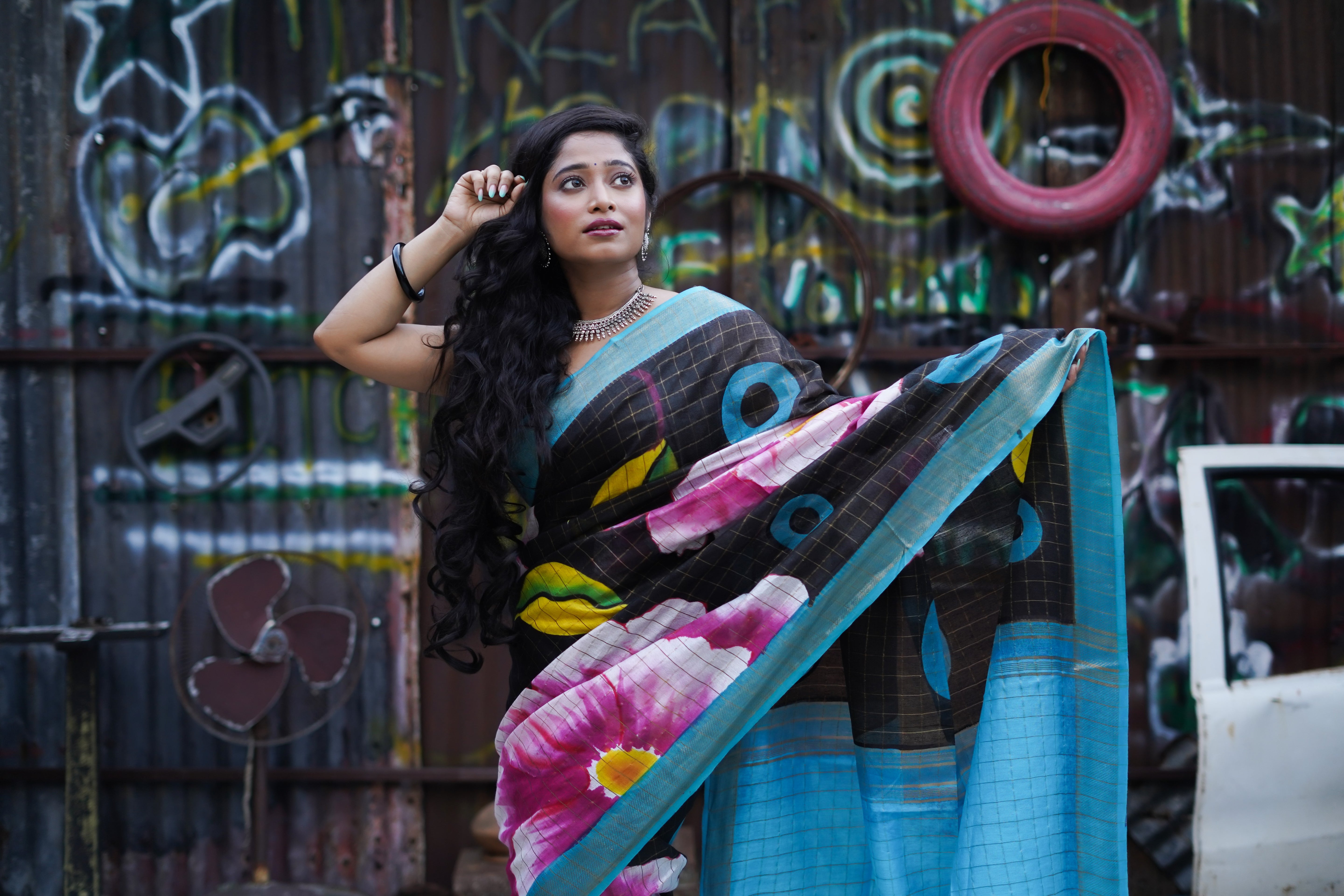 Black Floral Pure Mangalgiri Silk Saree