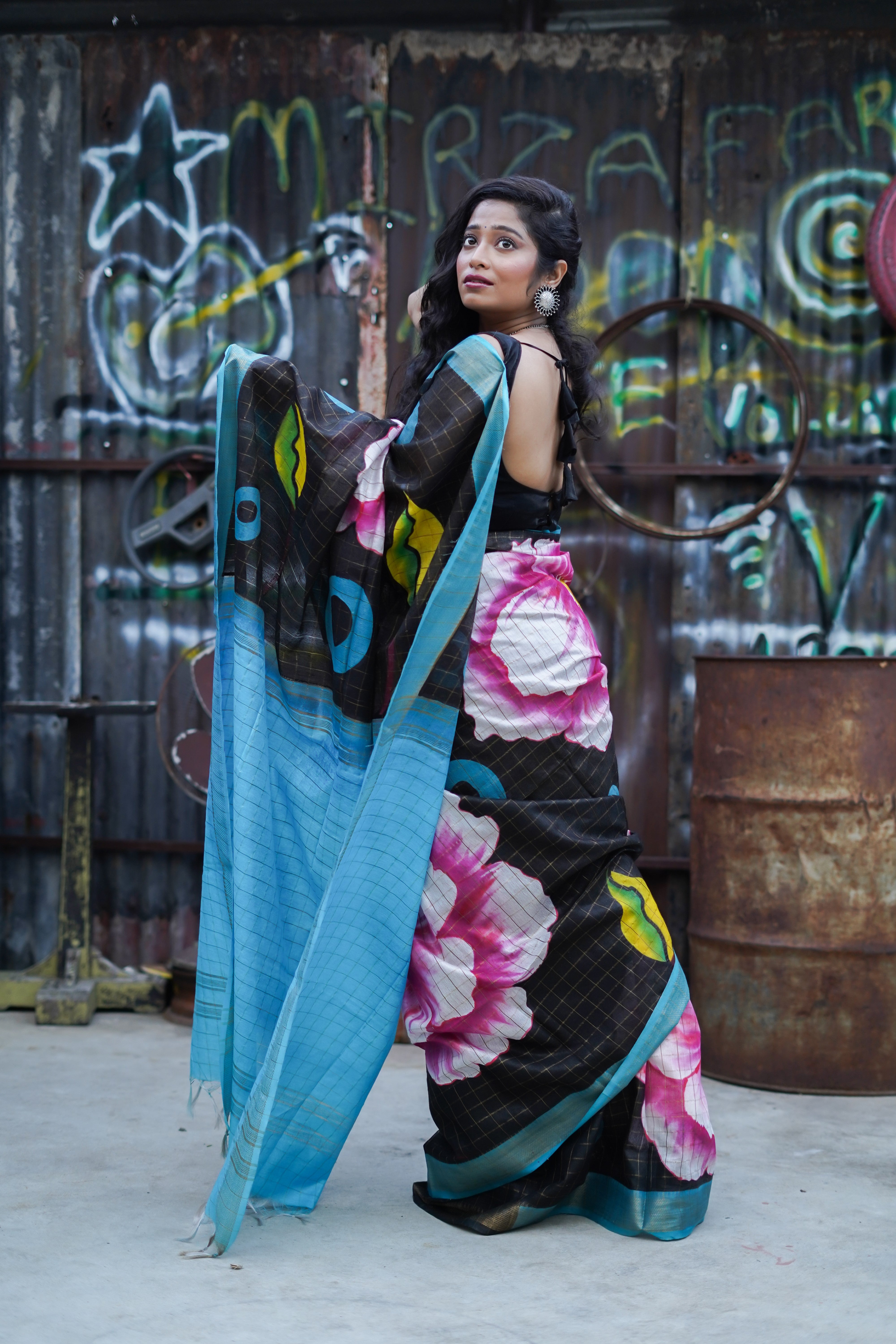 Black Floral Pure Mangalgiri Silk Saree