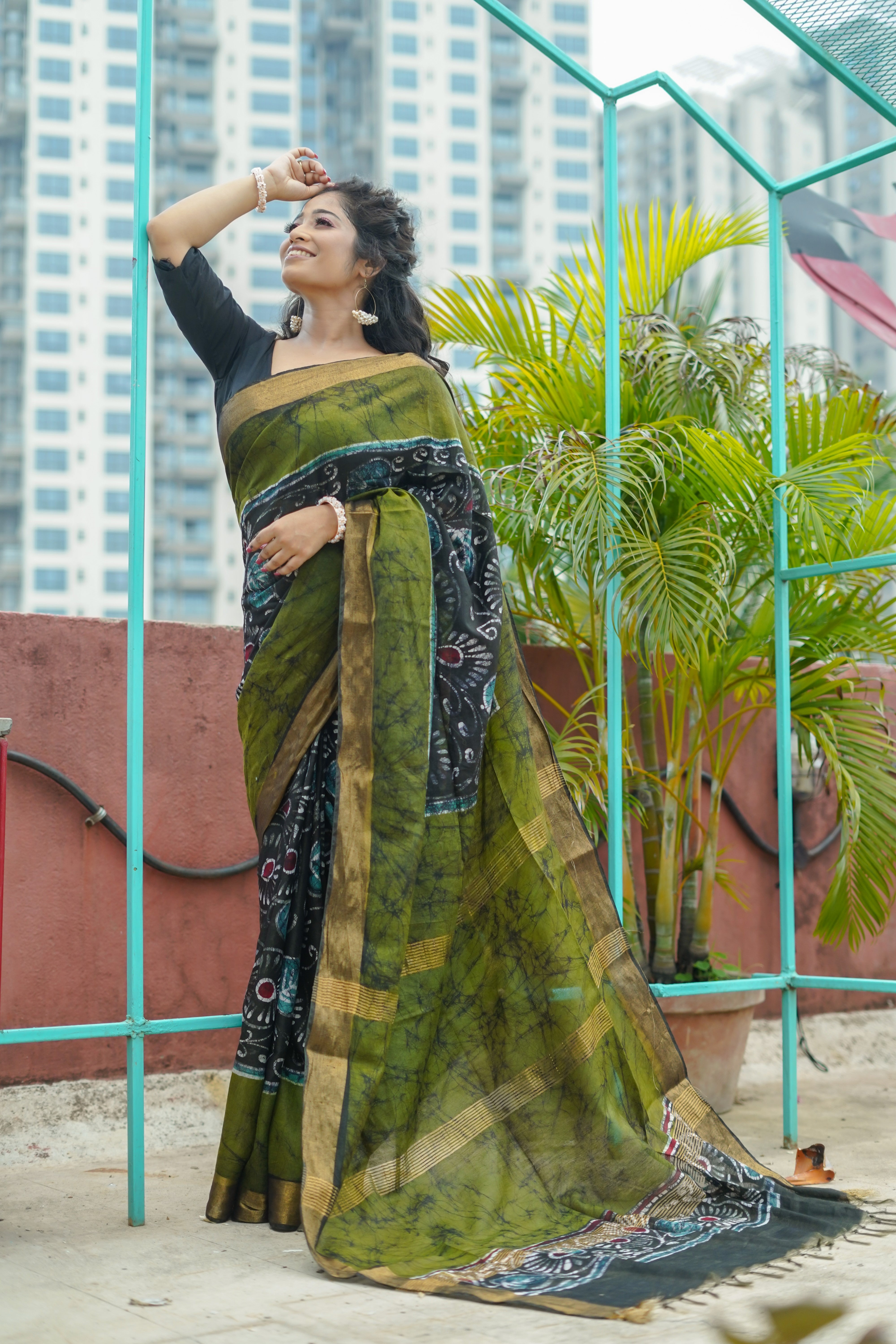 Black Hand Block Pure Chanderi Silk Saree