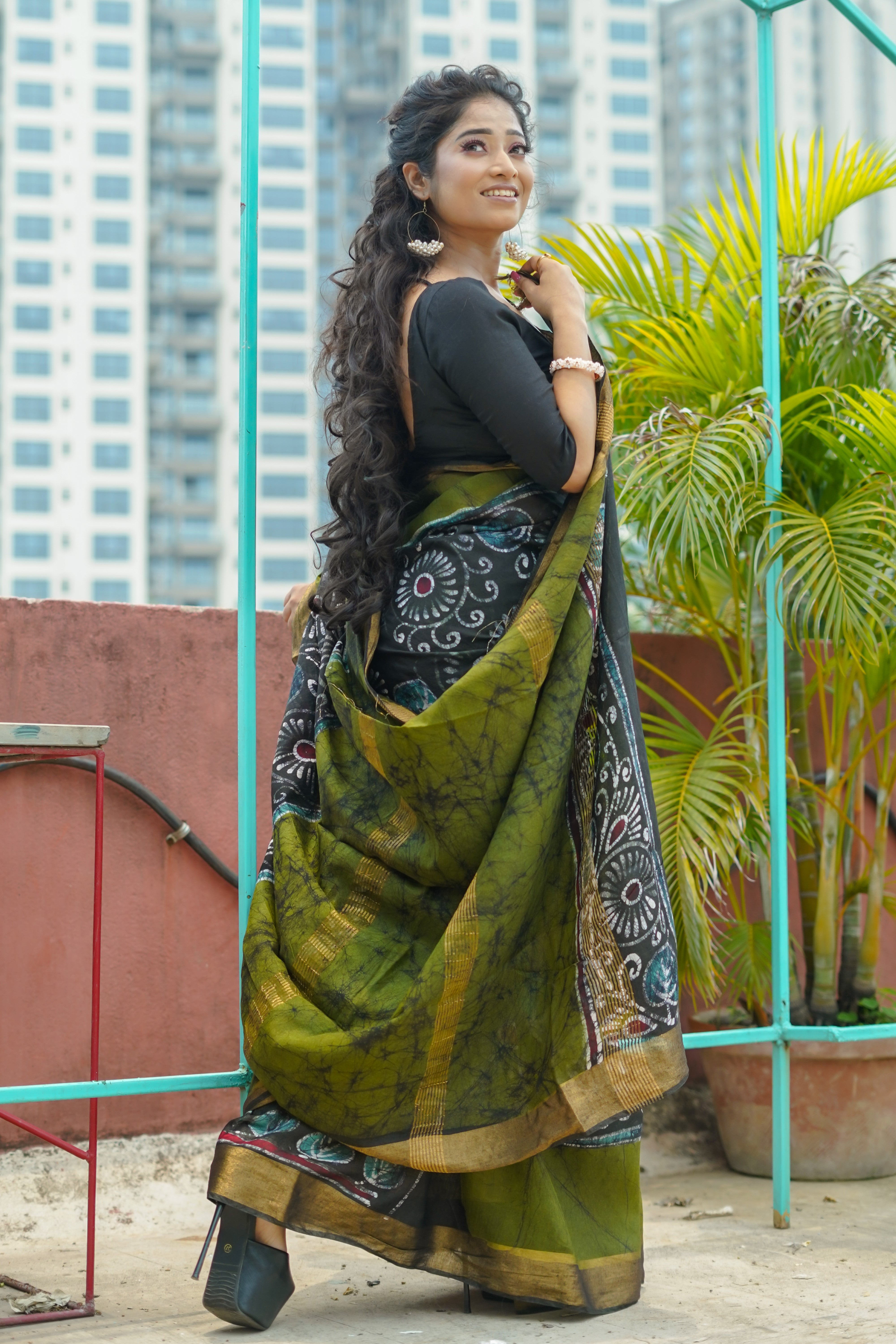 Black Hand Block Pure Chanderi Silk Saree