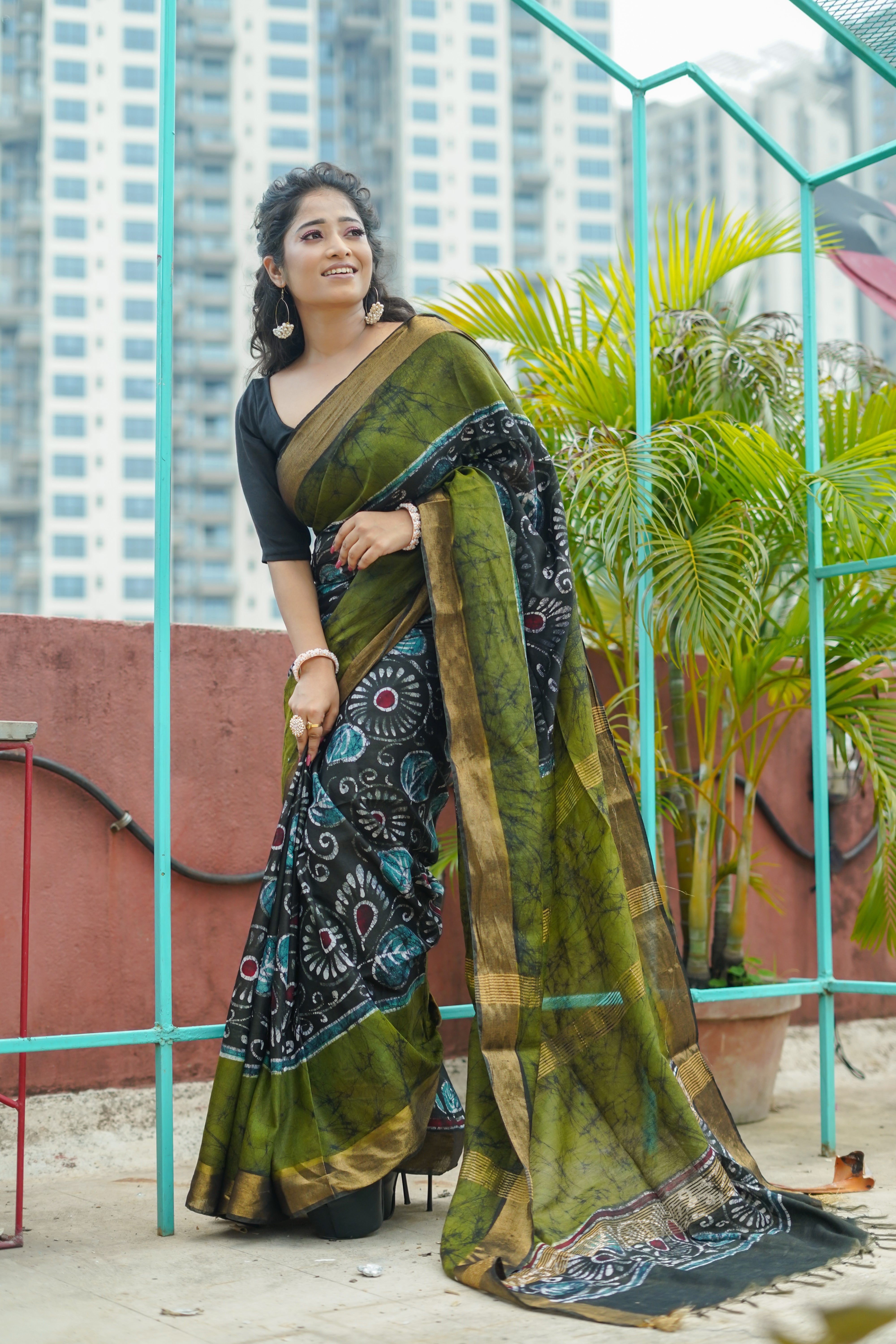 Black Hand Block Pure Chanderi Silk Saree