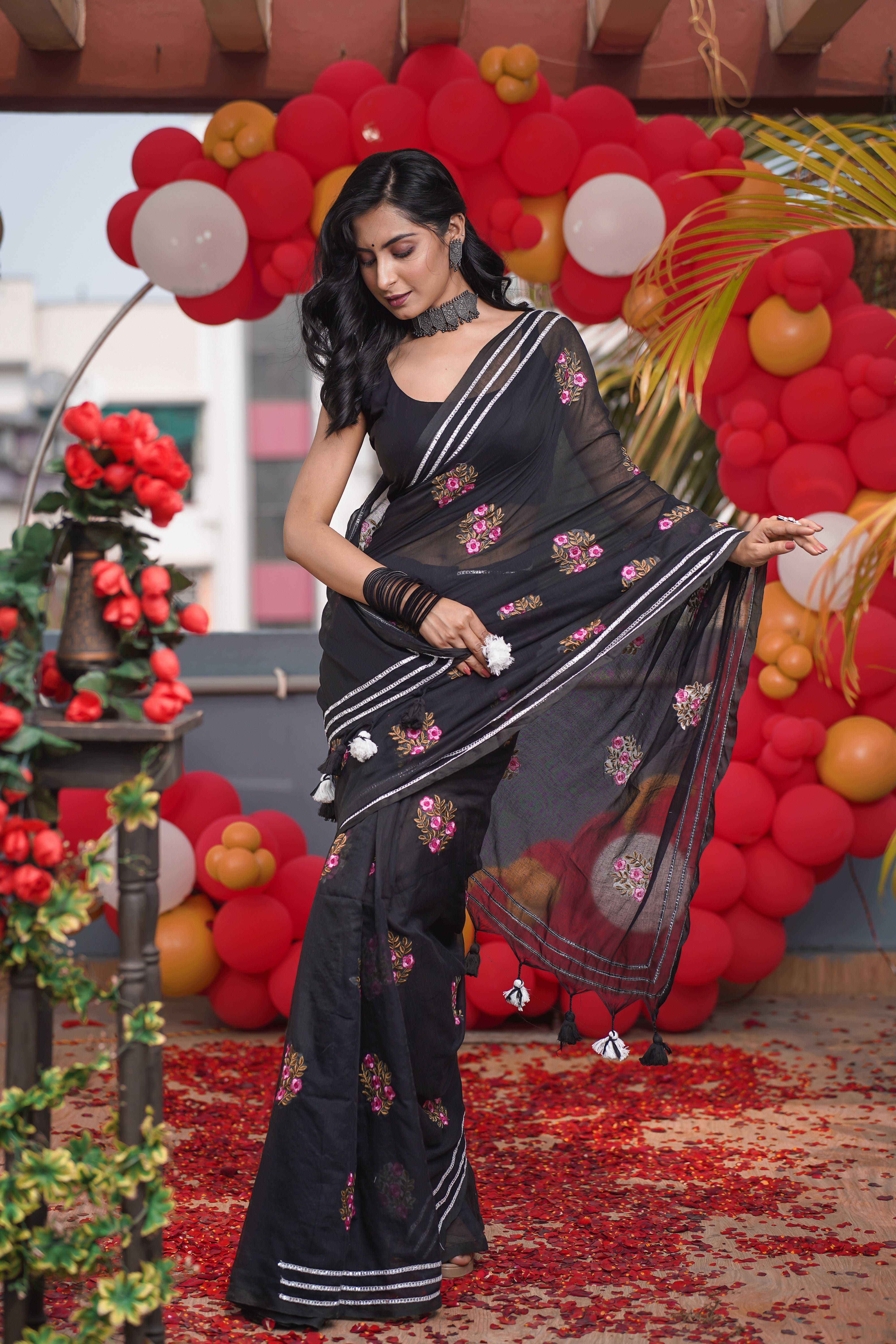 Black Mulmul Cotton Embroidery Saree