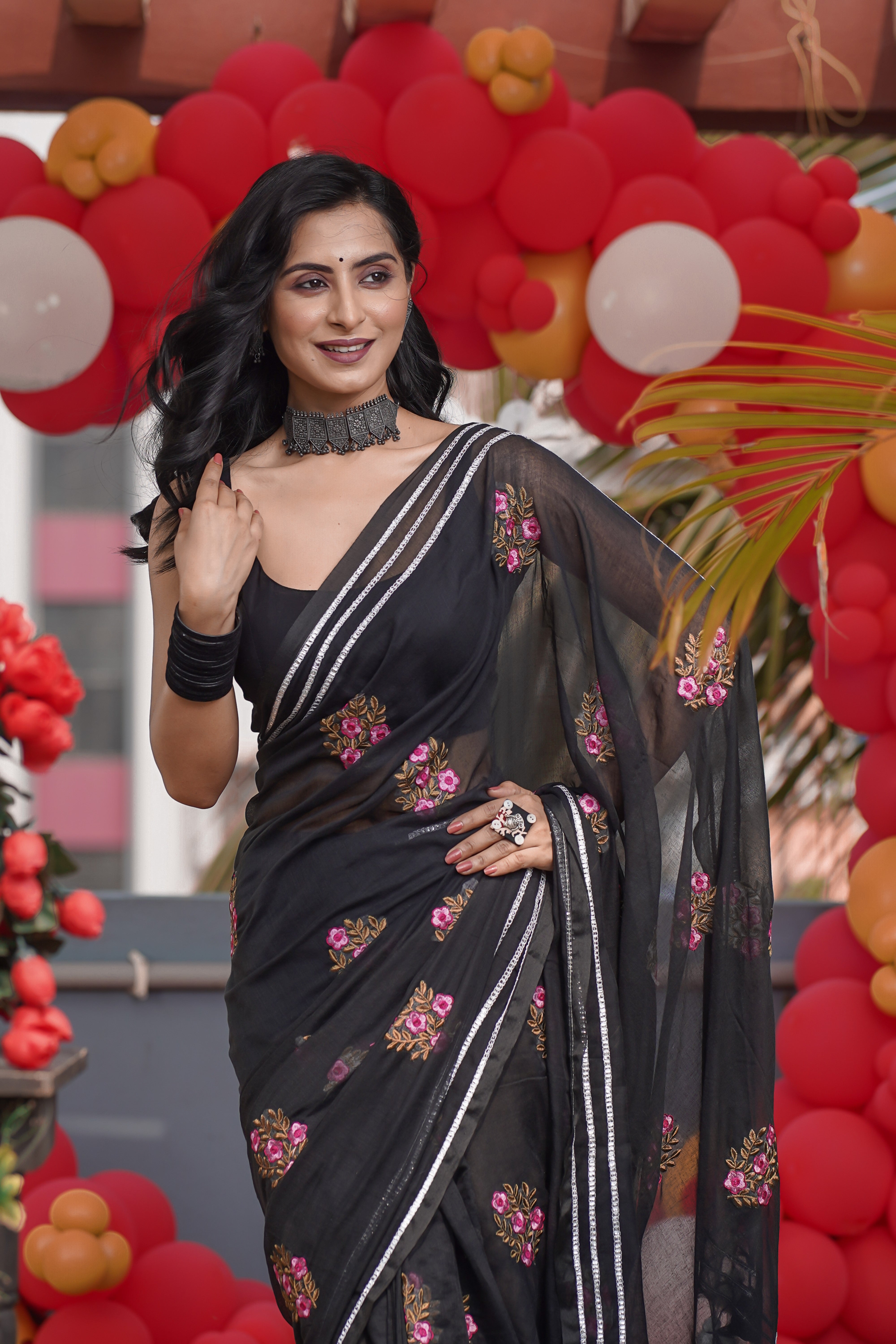 Black Mulmul Cotton Embroidery Saree