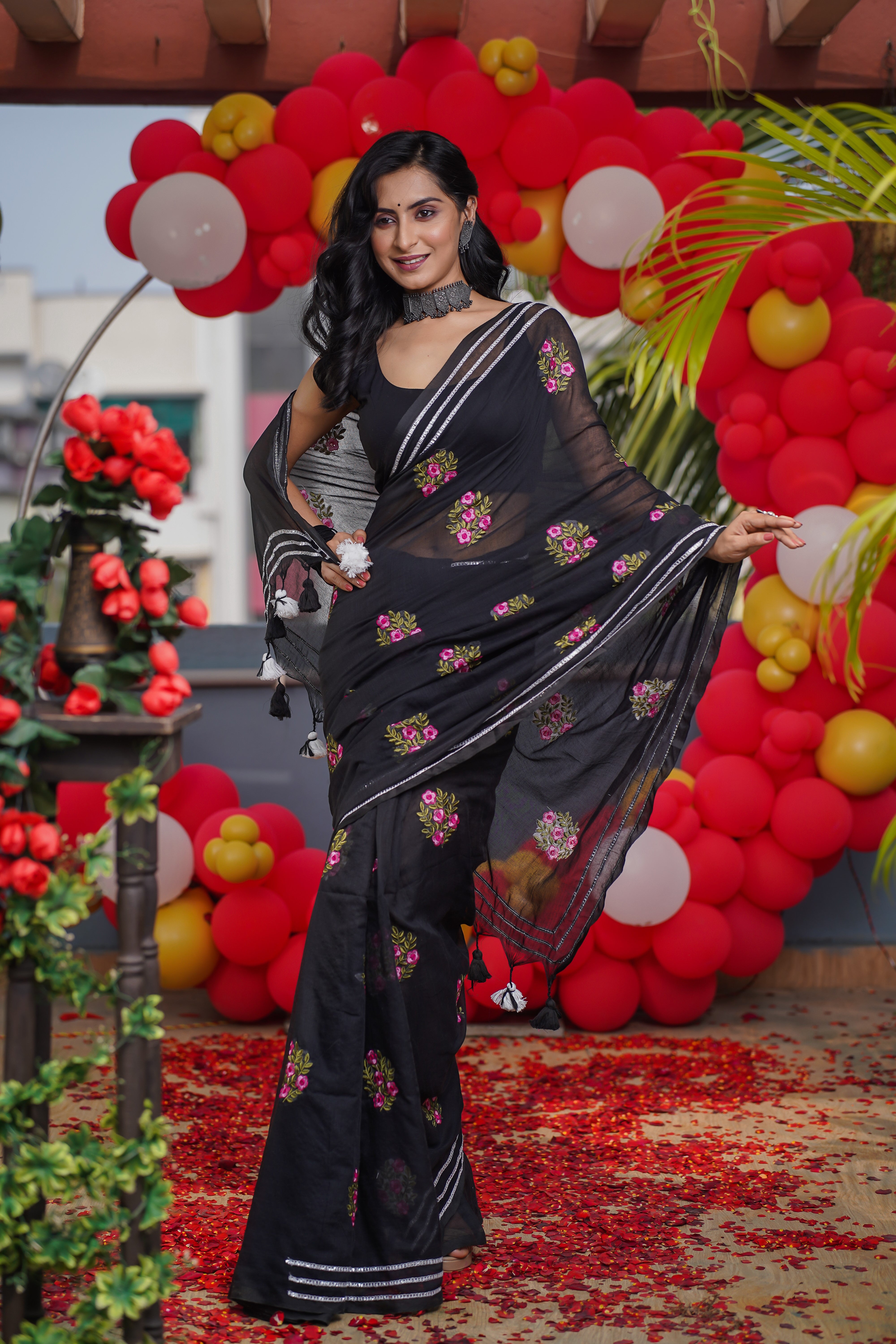 Black Mulmul Cotton Embroidery Saree