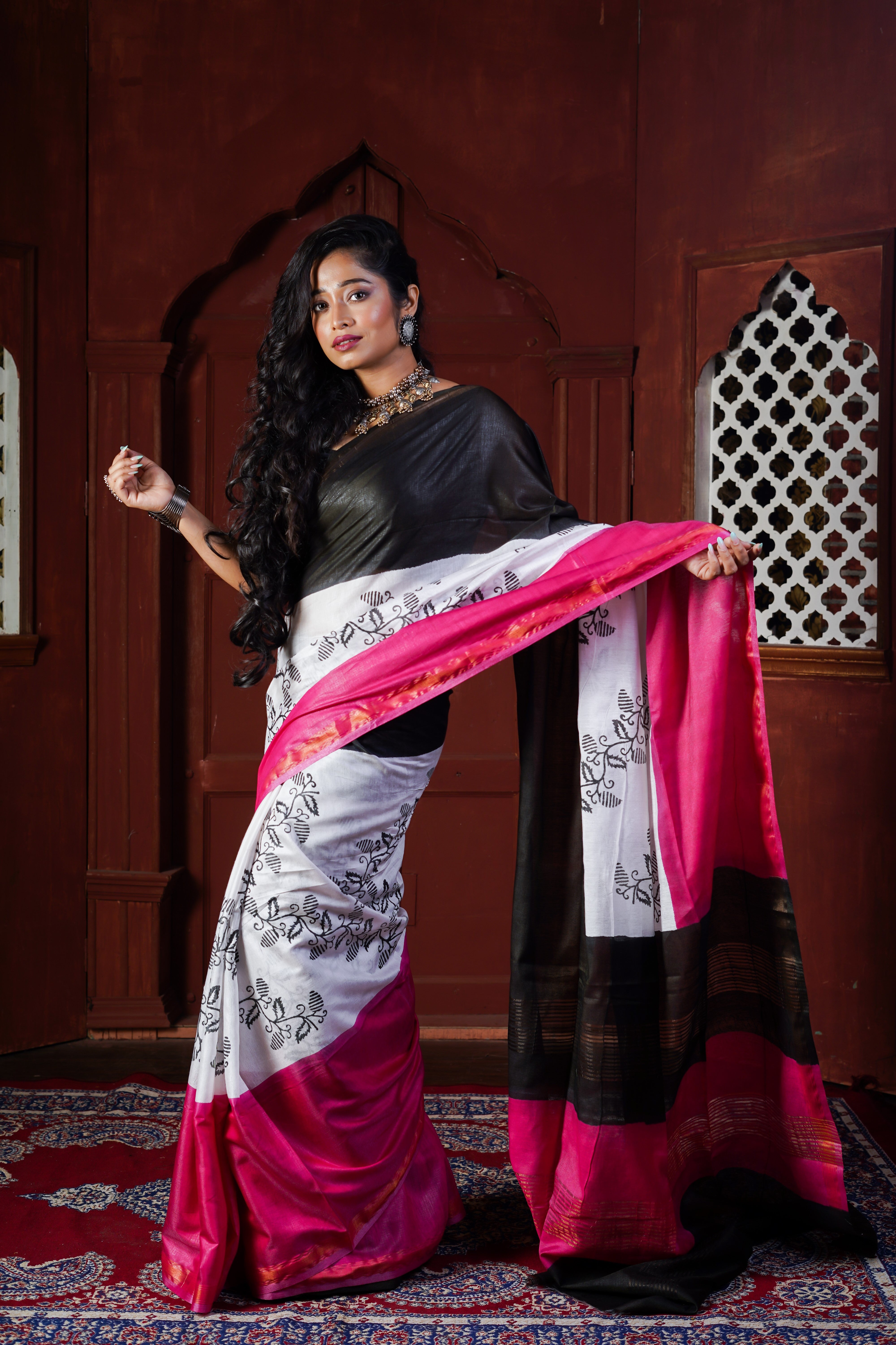 Black Multi Color Hand Block Pure Chanderi Silk Saree