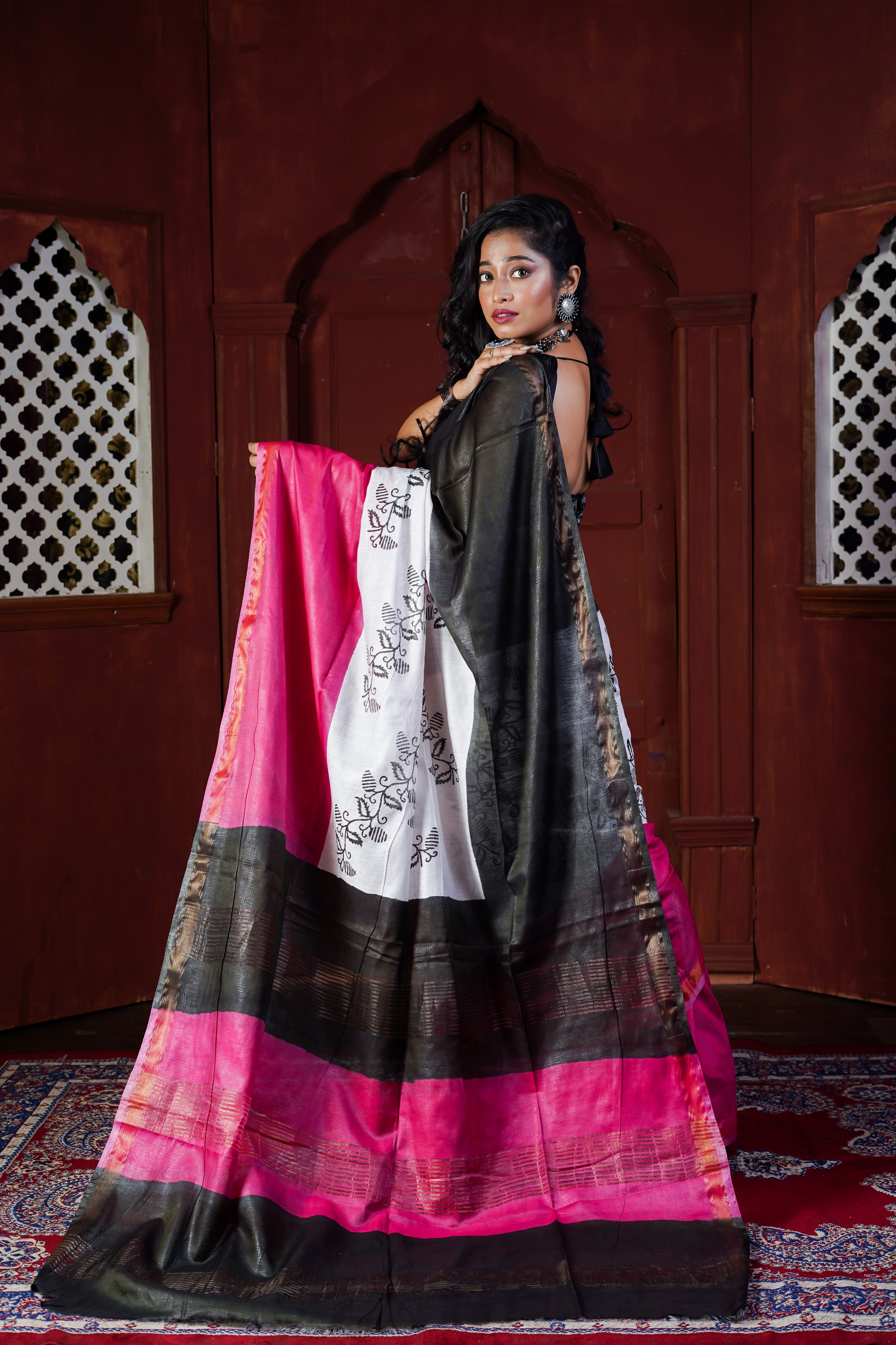 Black Multi Color Hand Block Pure Chanderi Silk Saree