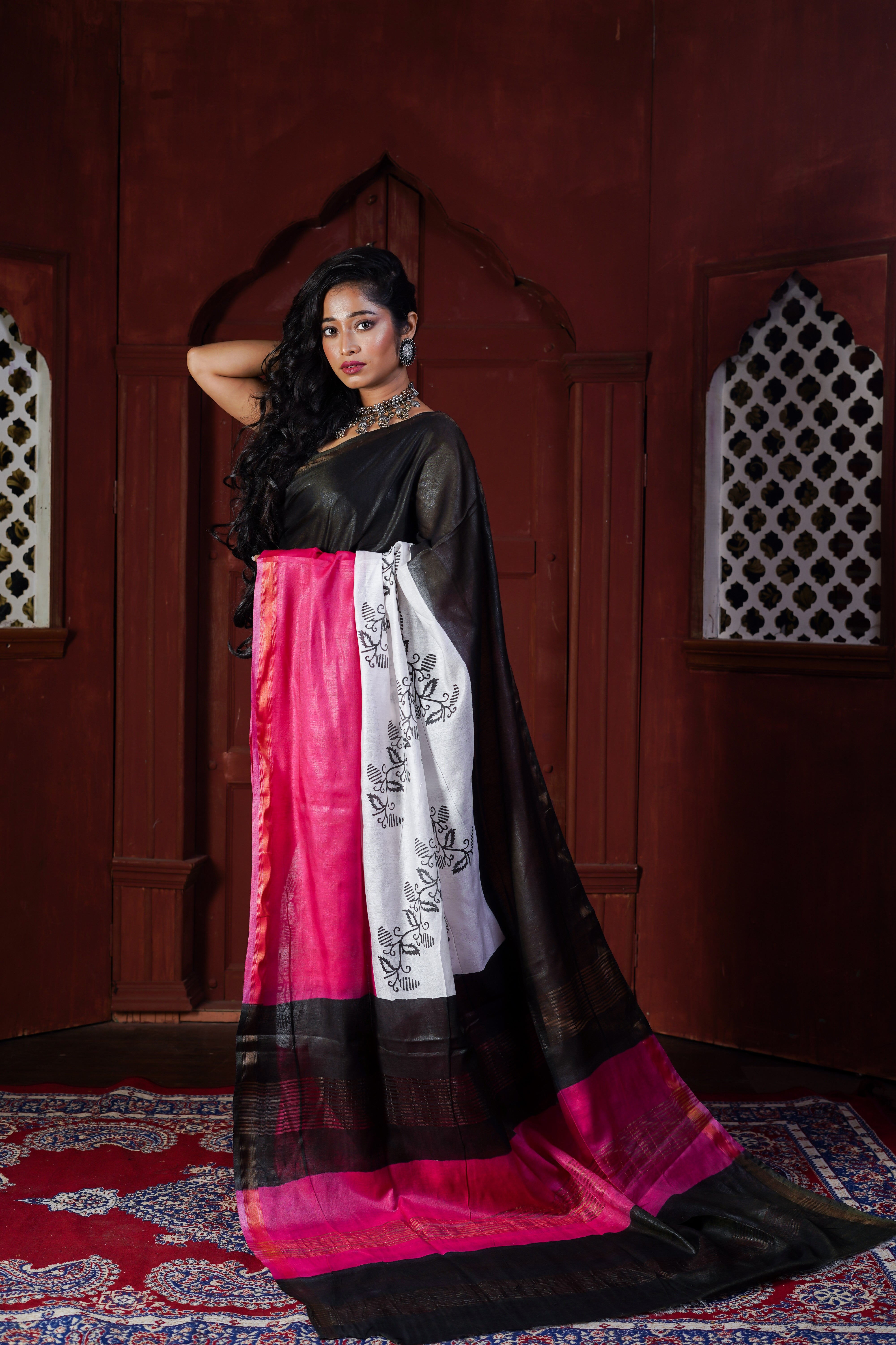 Black Multi Color Hand Block Pure Chanderi Silk Saree