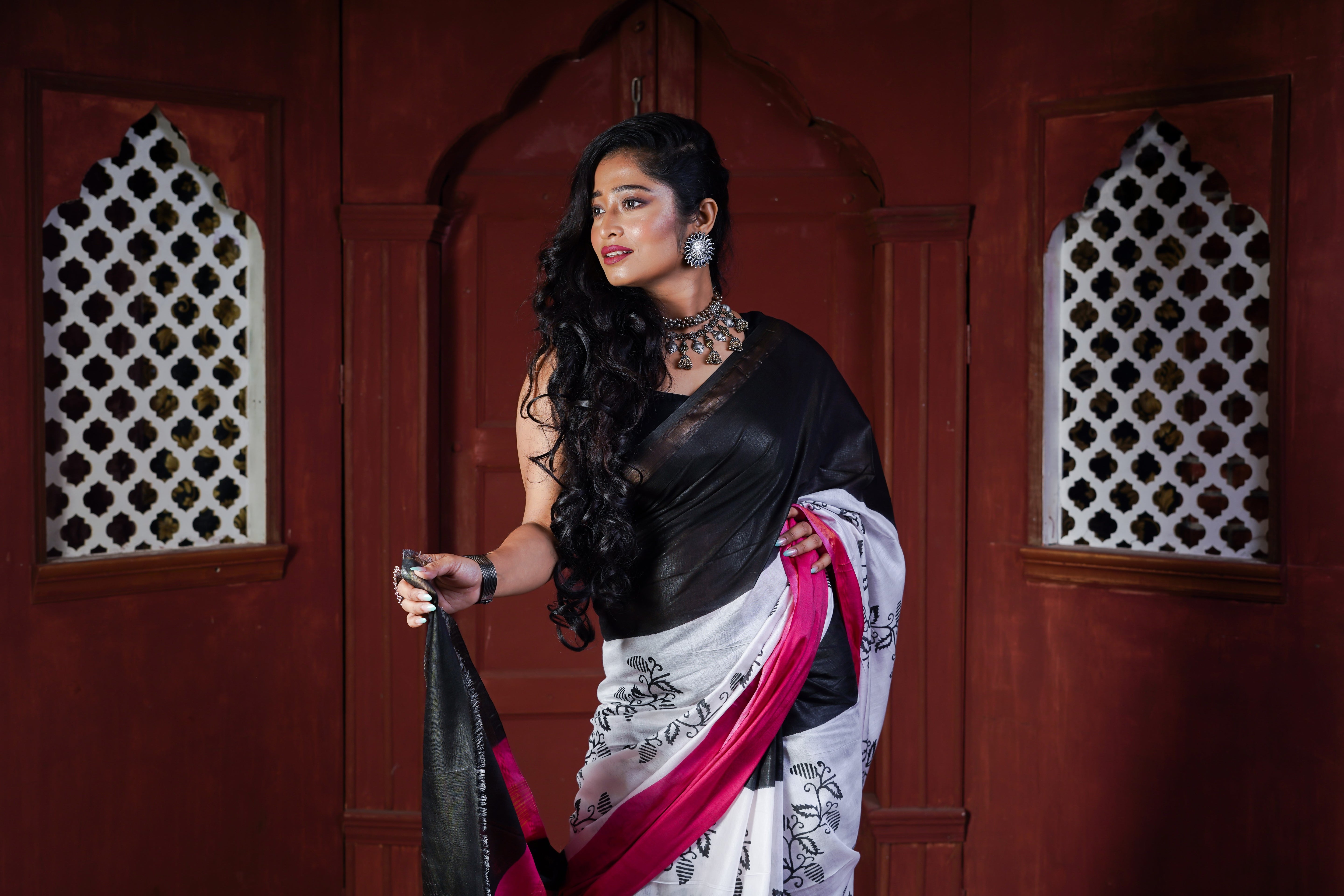 Black Multi Color Hand Block Pure Chanderi Silk Saree