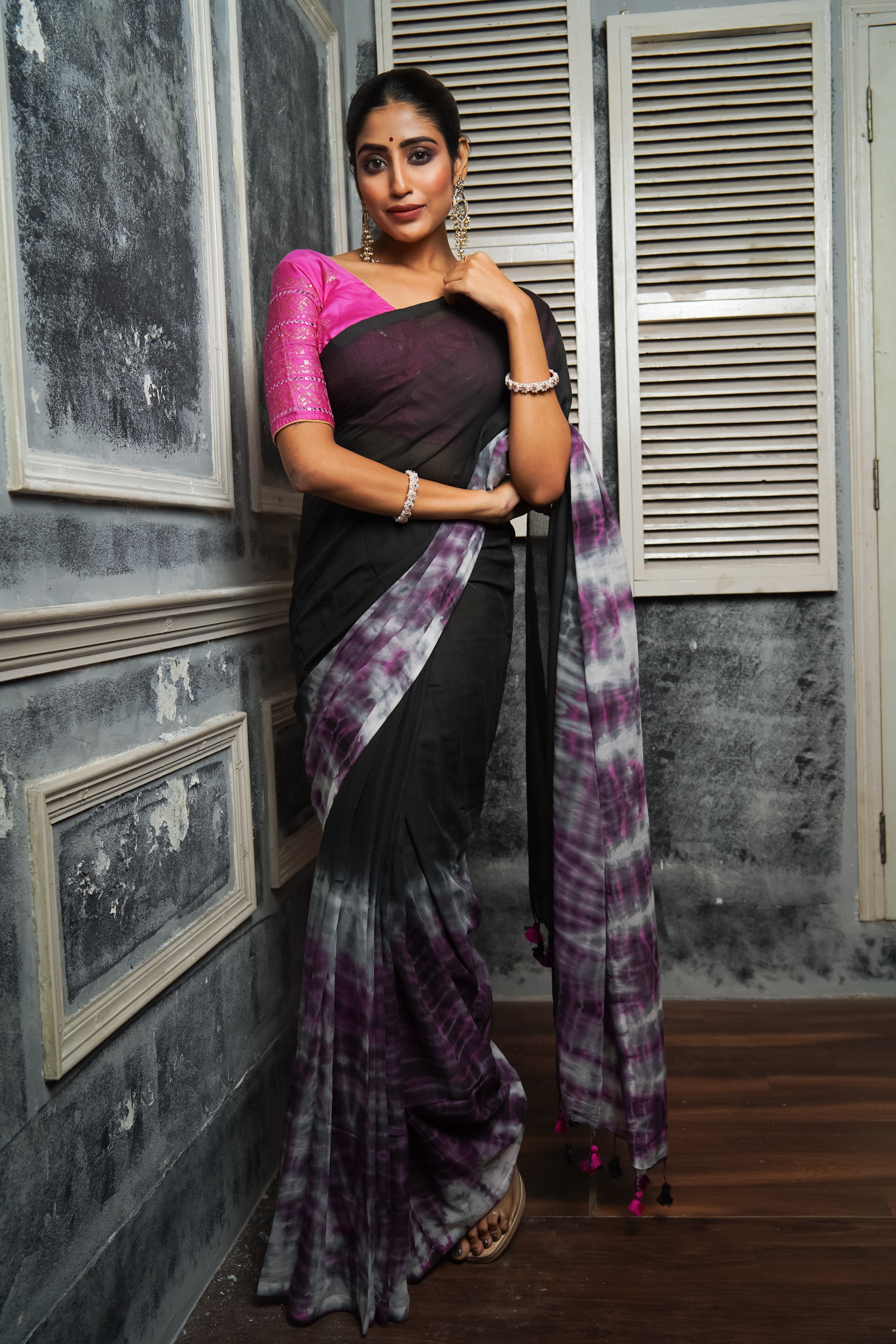 Black Multi Shibori Pure Mul Cotton Saree