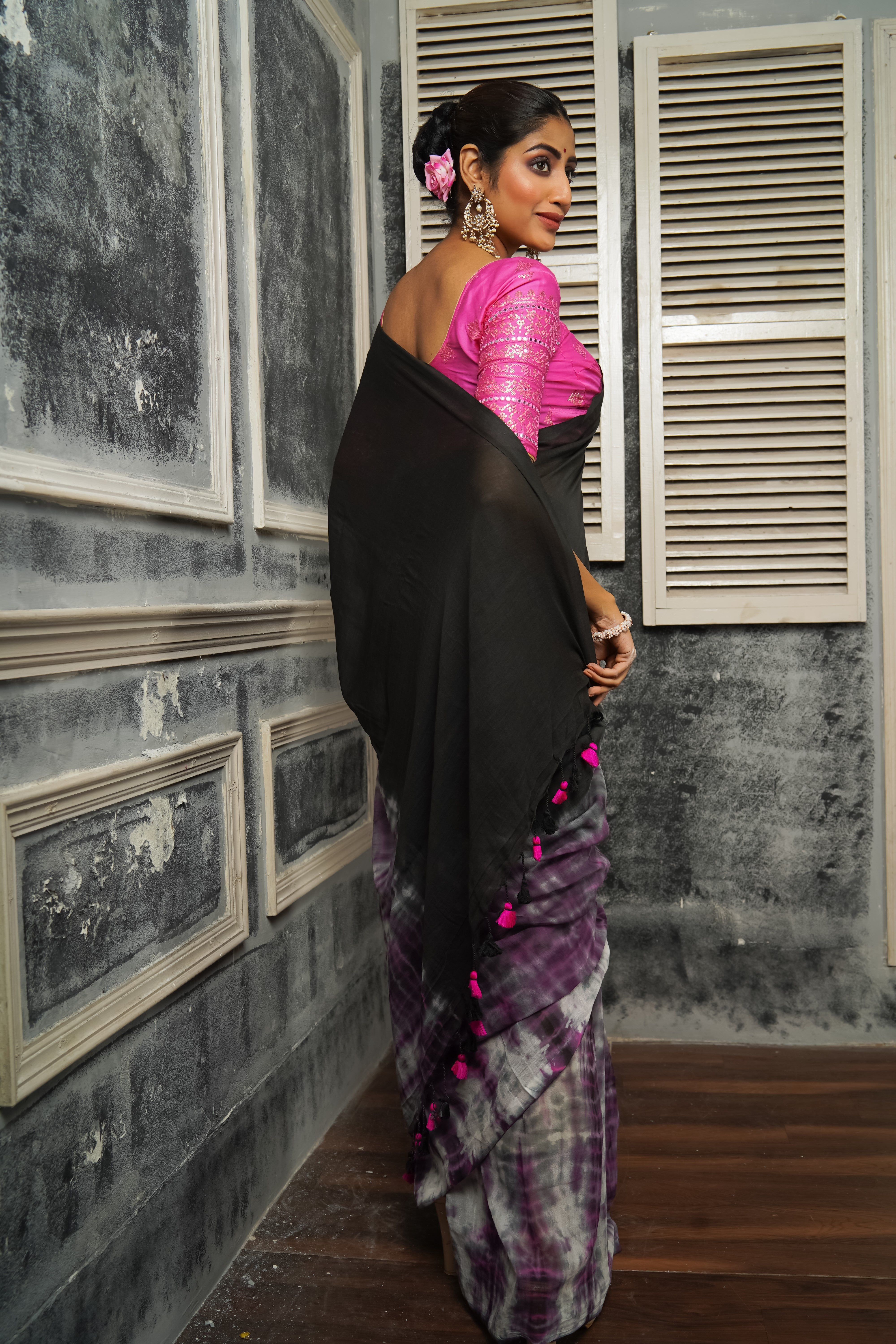 Black Multi Shibori Pure Mul Cotton Saree