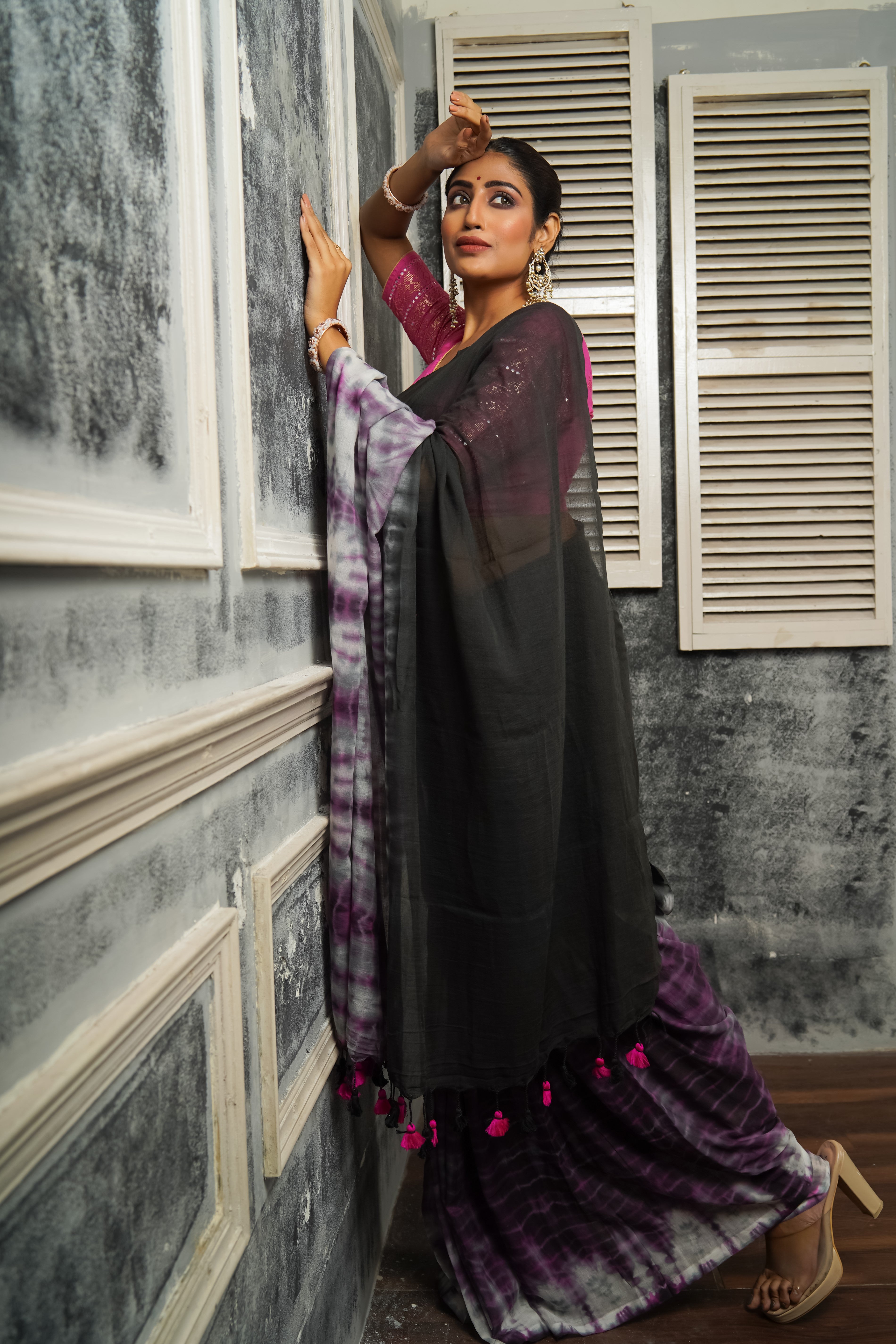 Black Multi Shibori Pure Mul Cotton Saree