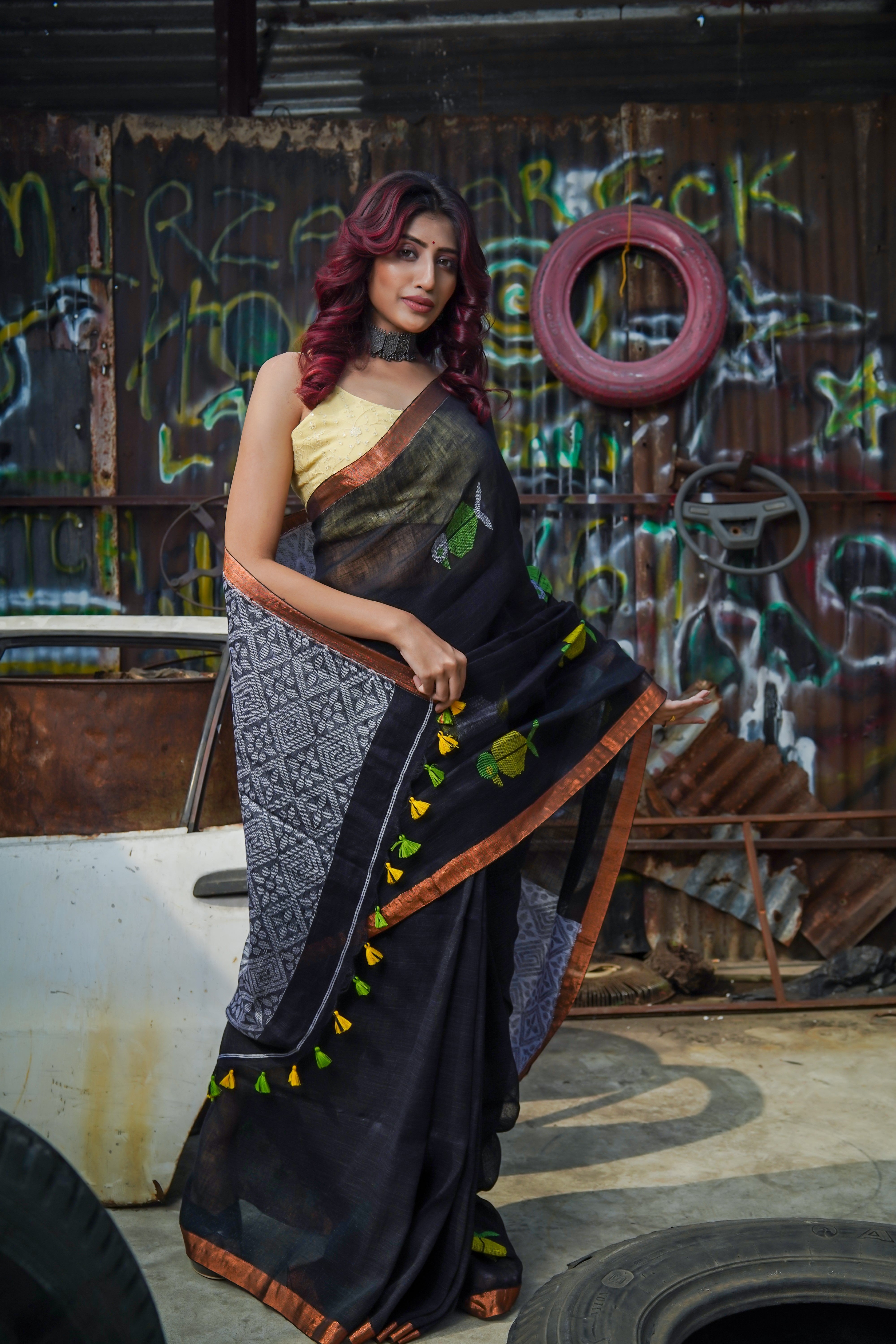 Handwoven Black Linen Jamdani Saree with Penguin Animal Print