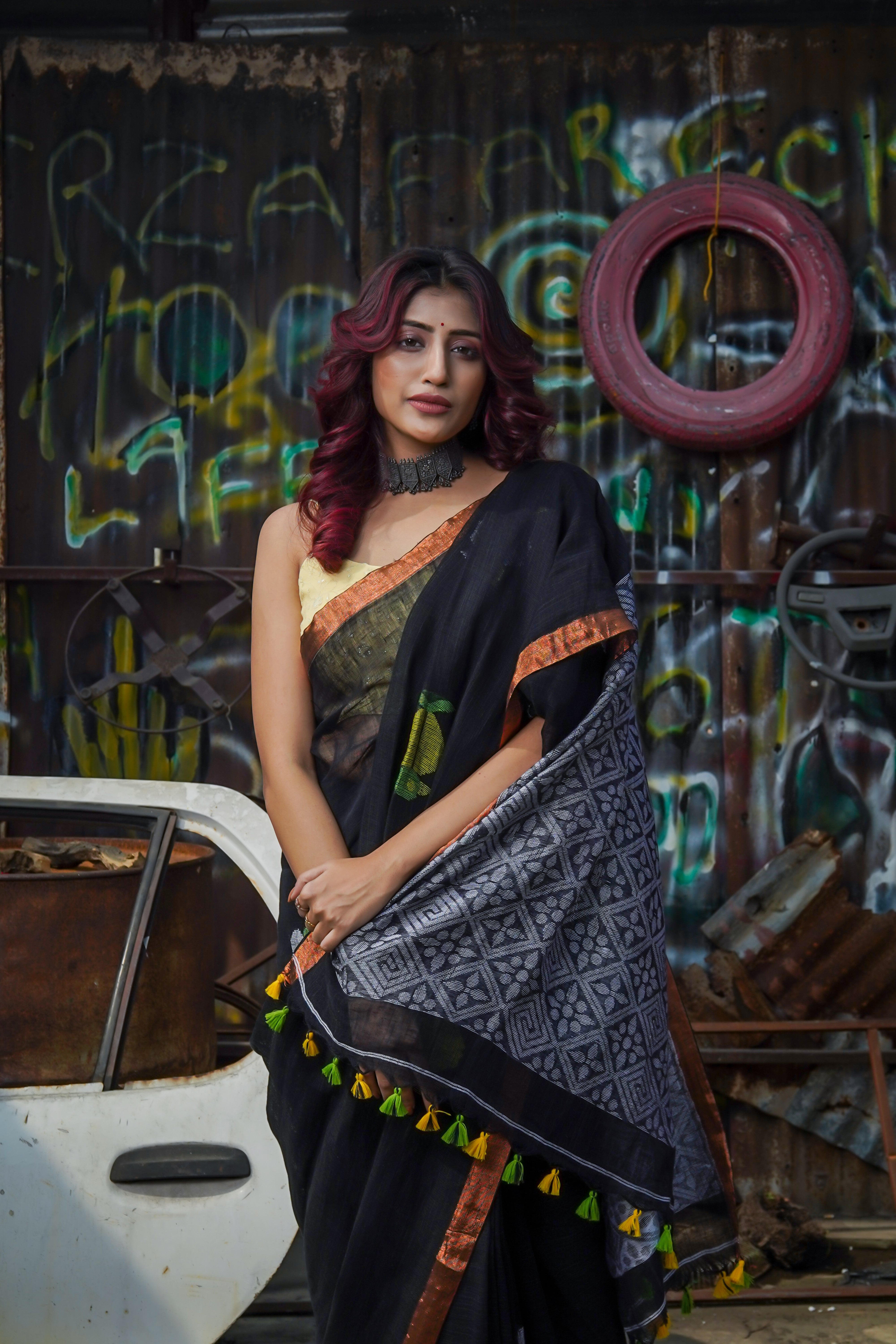 Handwoven Black Linen Jamdani Saree with Penguin Animal Print