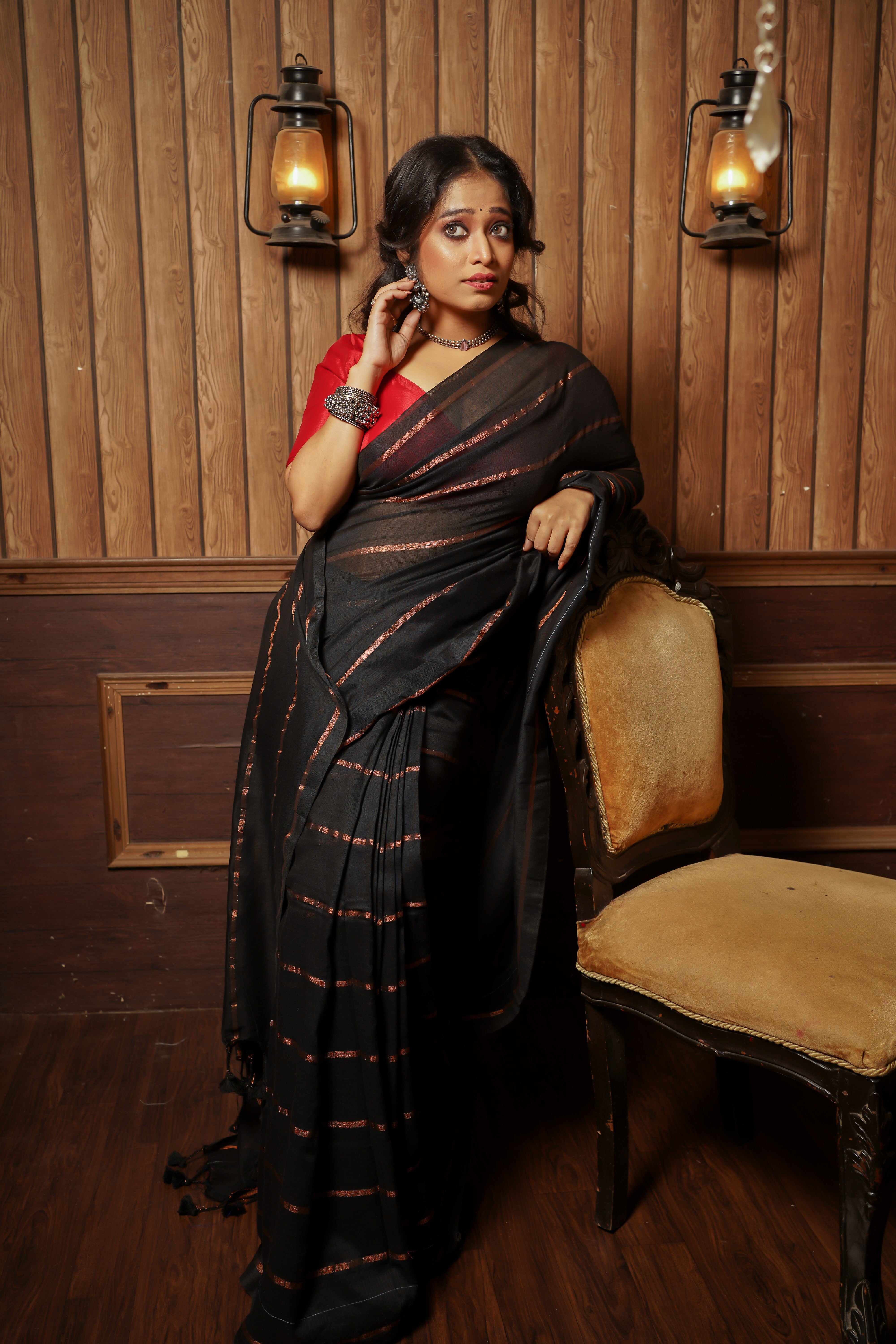 Black pure khadi cotton striped saree