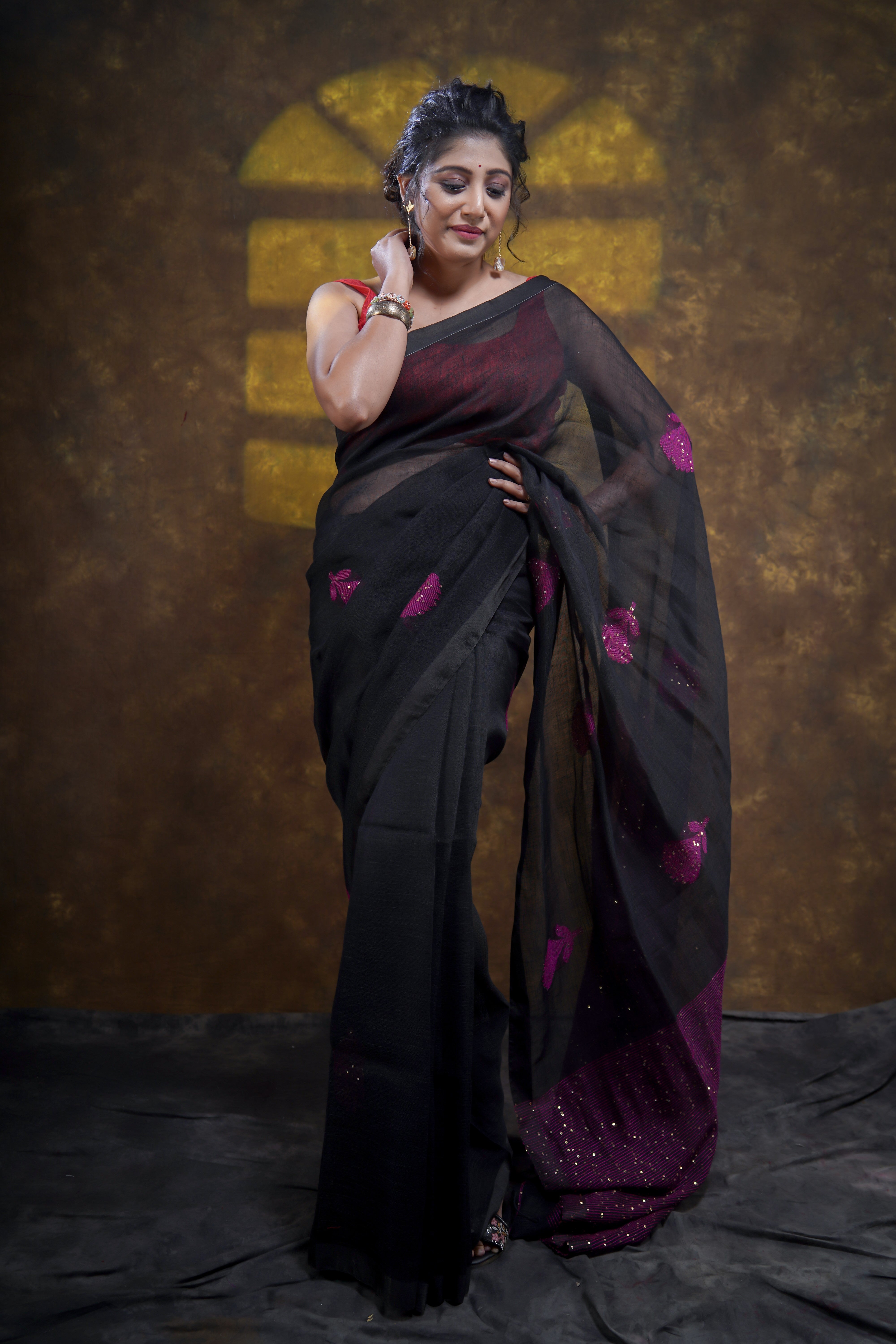 Black Rose Handwoven Linen Saree with Sequence Work