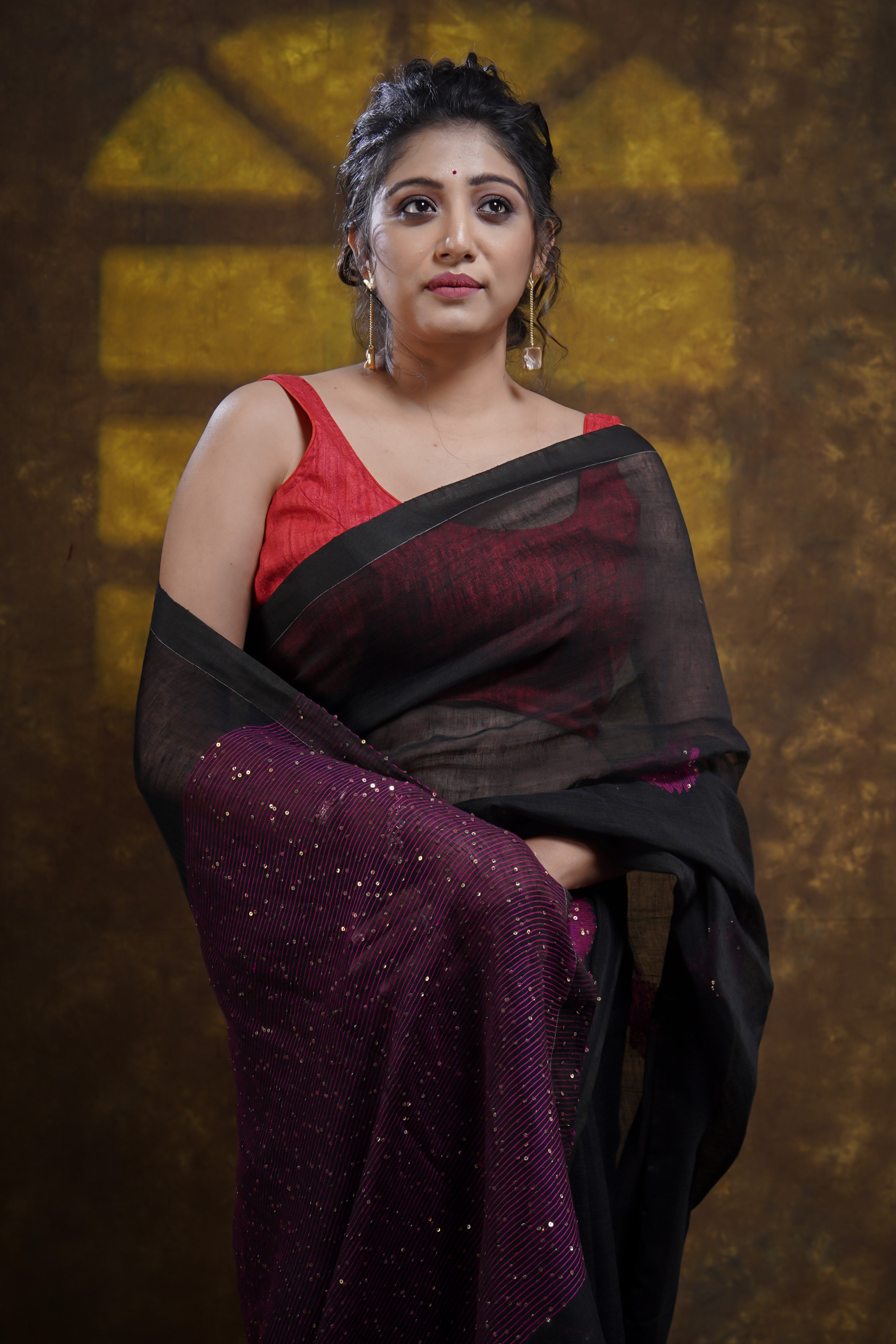 Black Rose Handwoven Linen Saree with Sequence Work