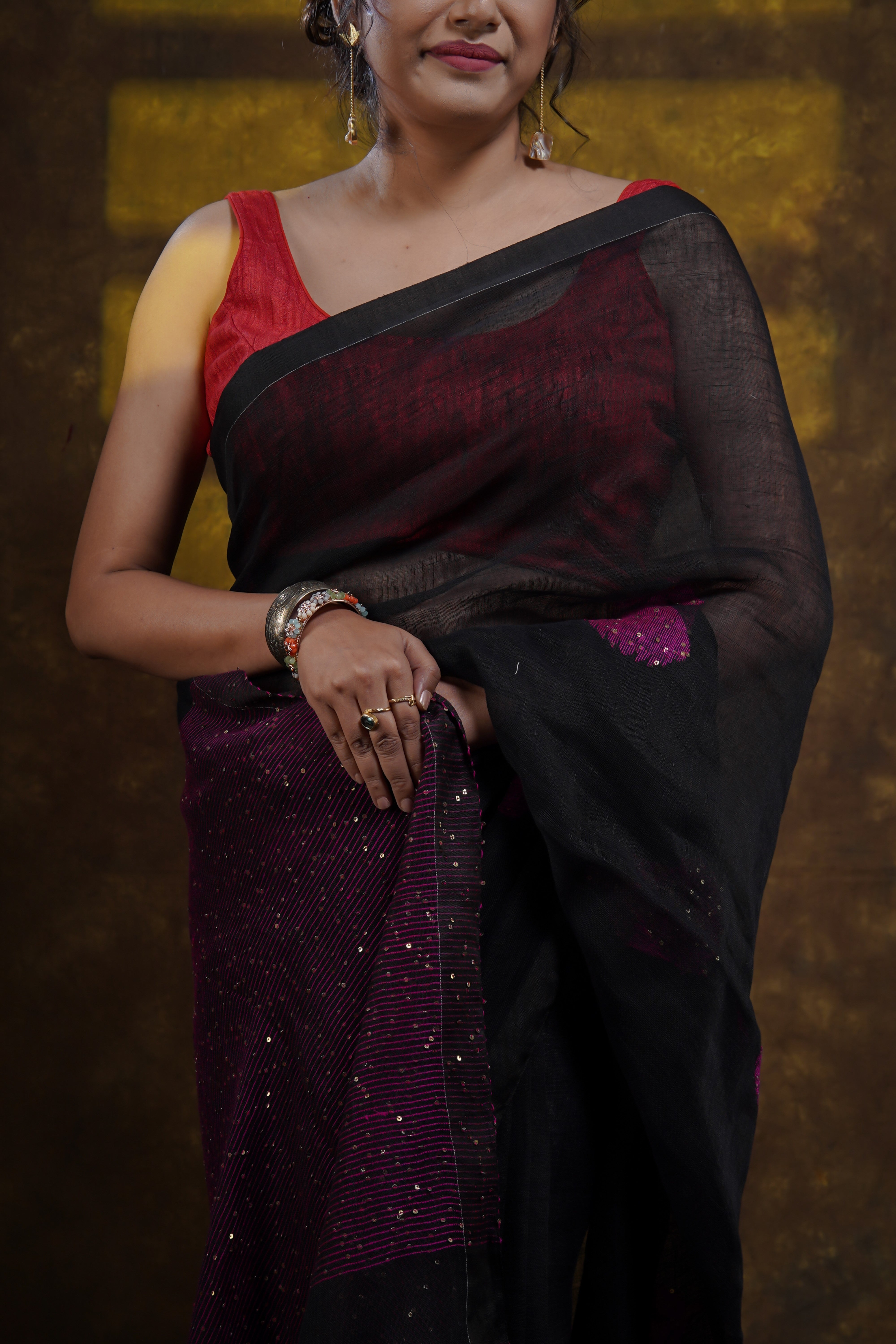 Black Rose Handwoven Linen Saree with Sequence Work