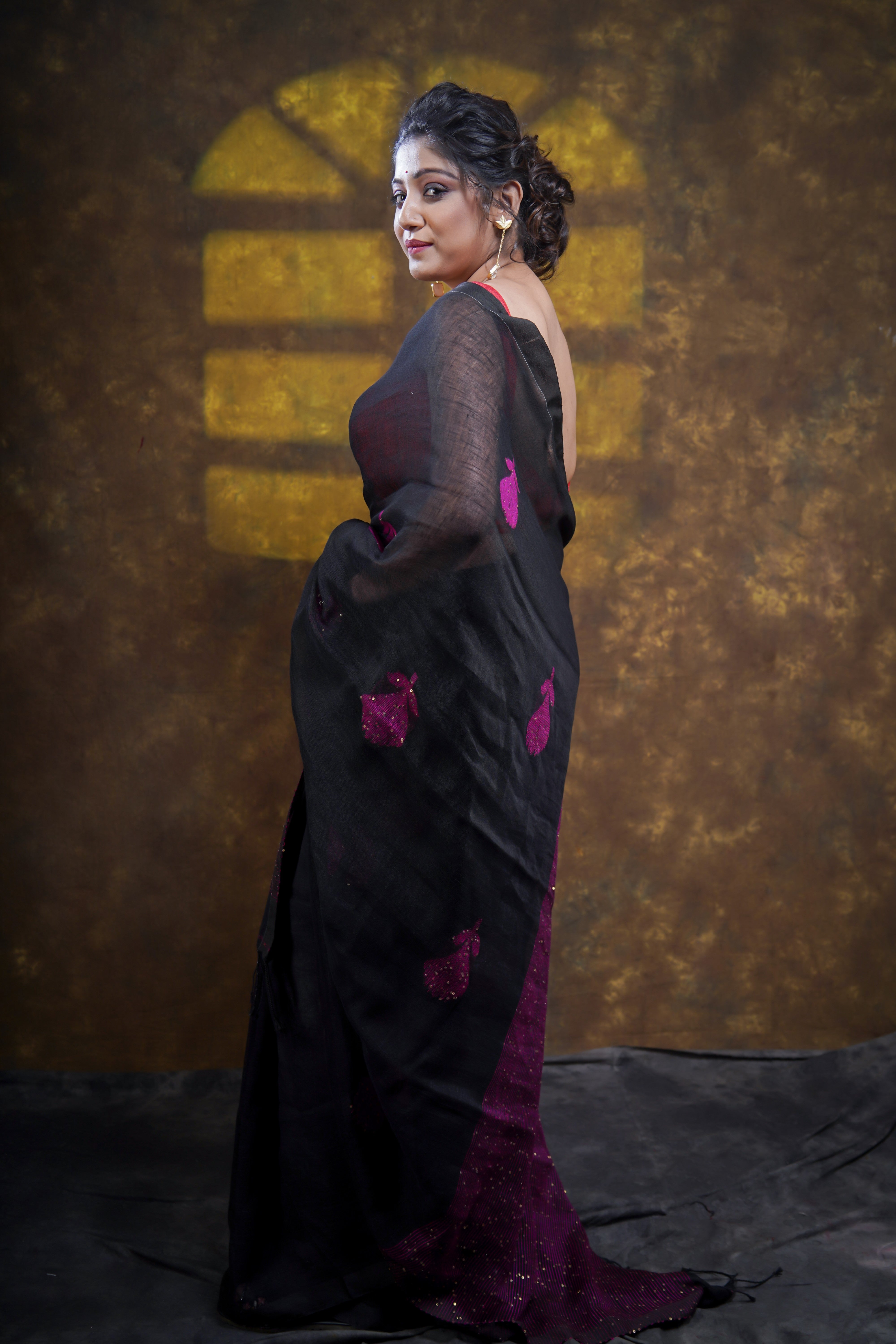 Black Rose Handwoven Linen Saree with Sequence Work