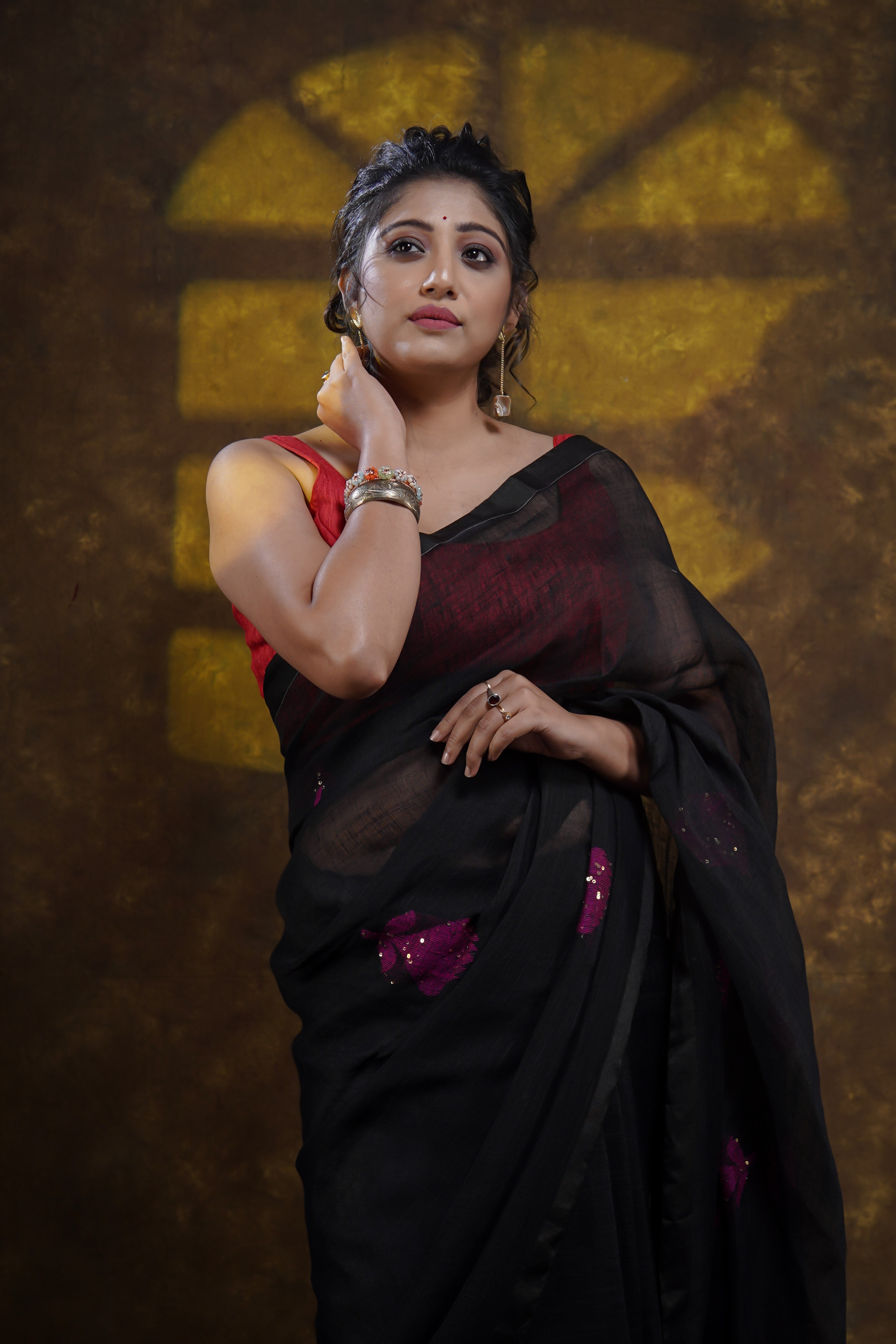 Black Rose Handwoven Linen Saree with Sequence Work